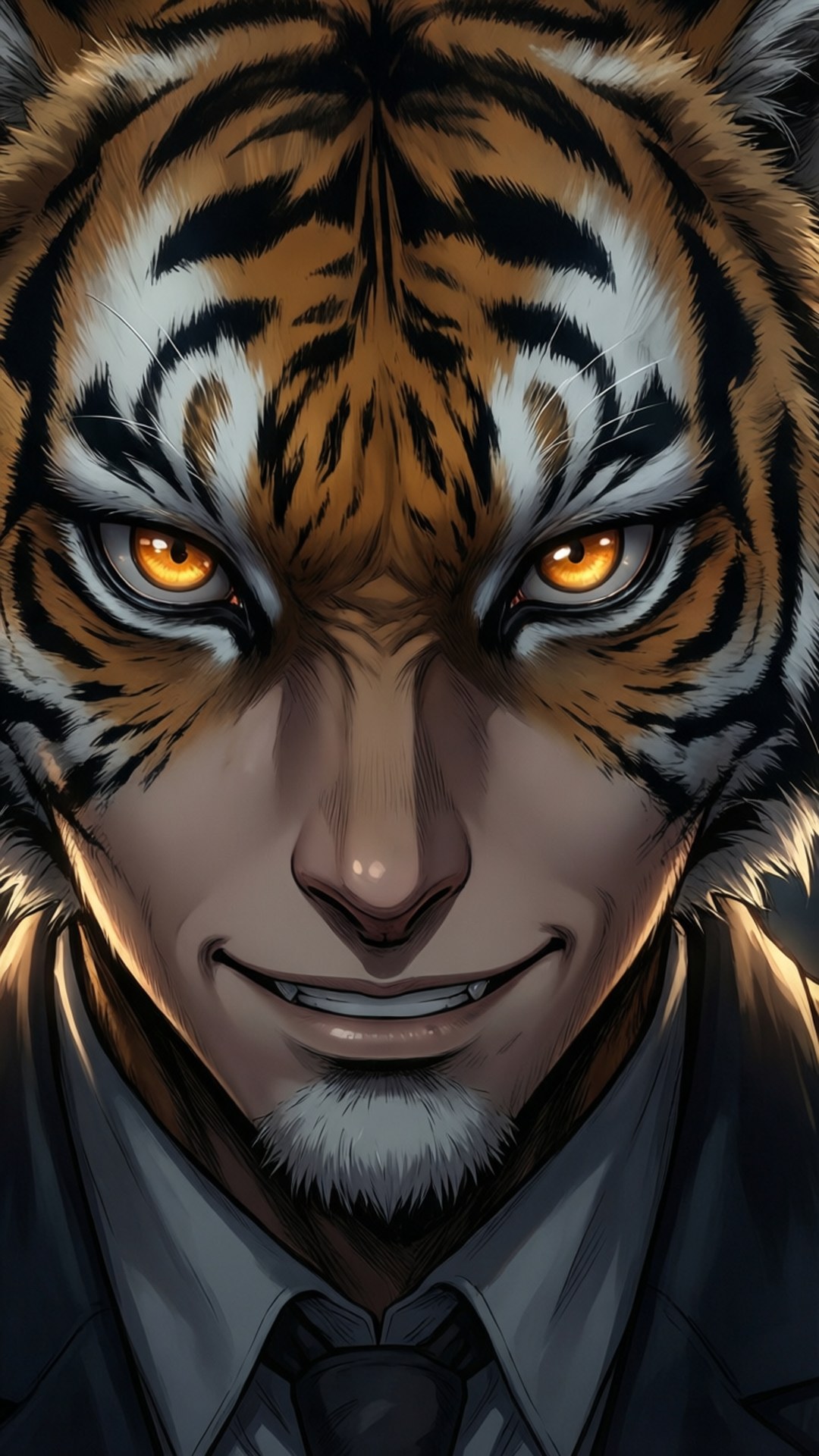 比爾的強烈肖像 壁紙 — 人形老虎的特寫，擁有琥珀色發光的眼睛和尖銳的笑容，穿著西裝和領帶。