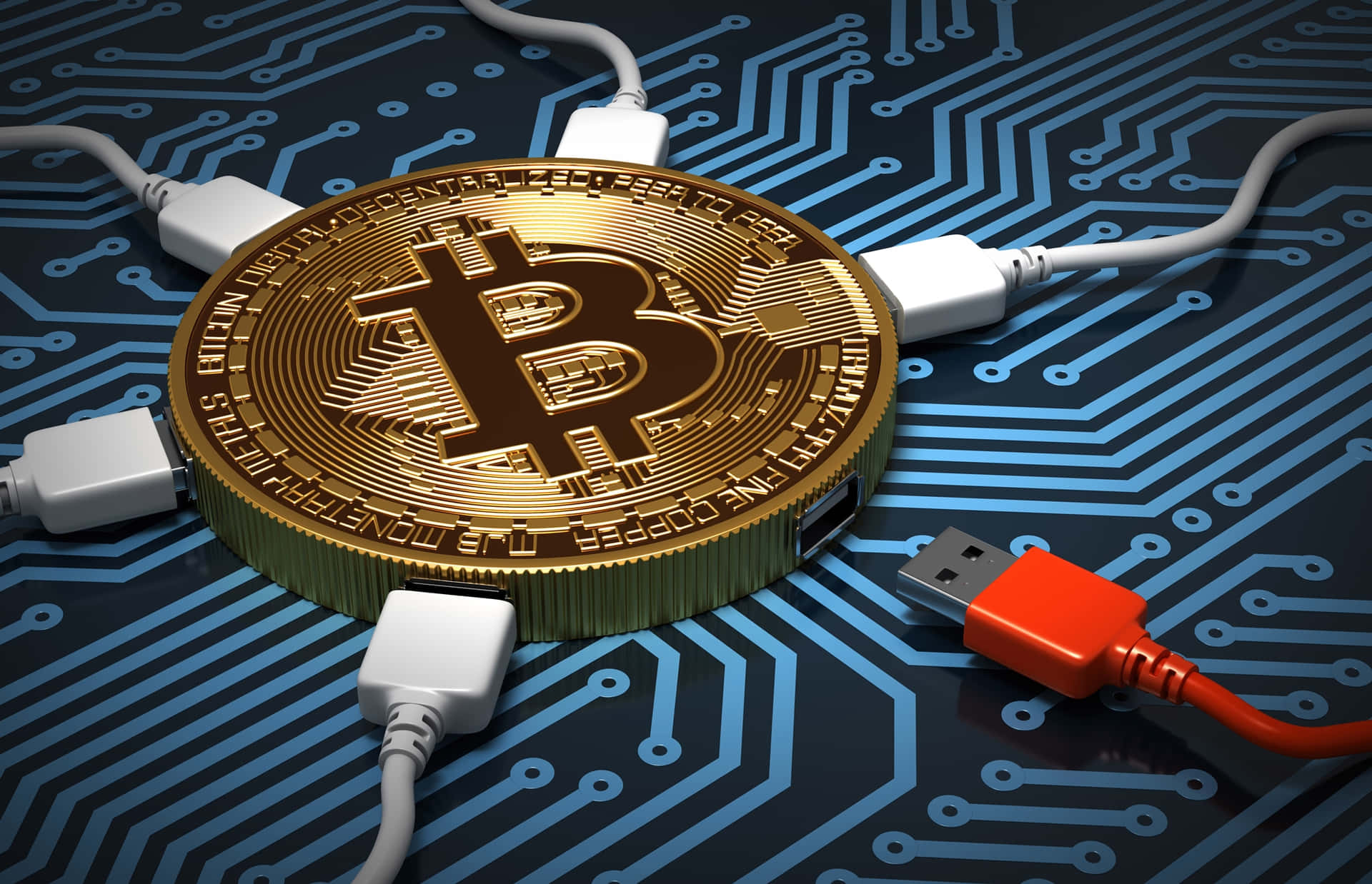 金色比特幣連接到電路板上的USB線。