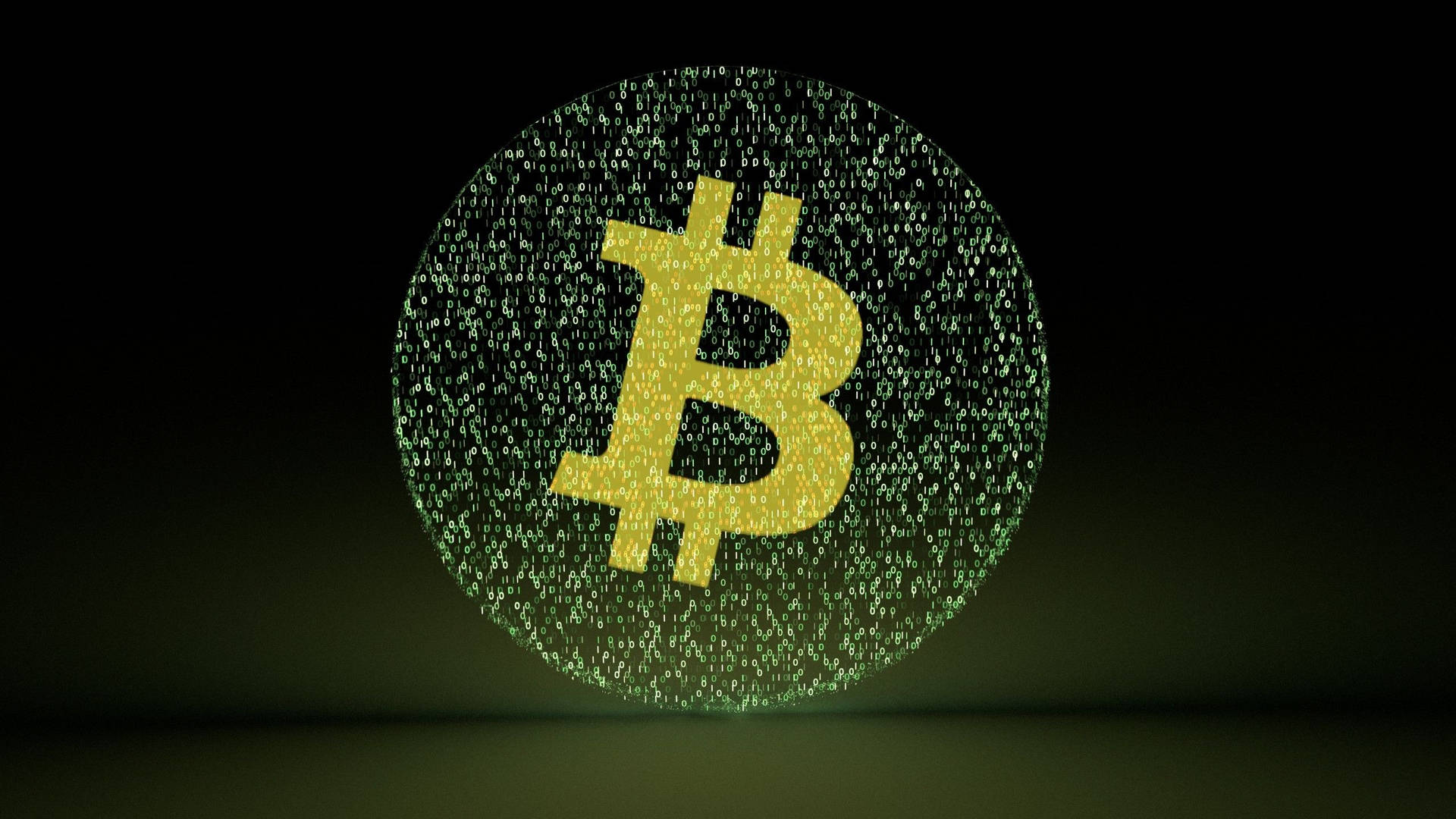 金色比特幣標誌被綠色二進制代碼包圍，深色背景