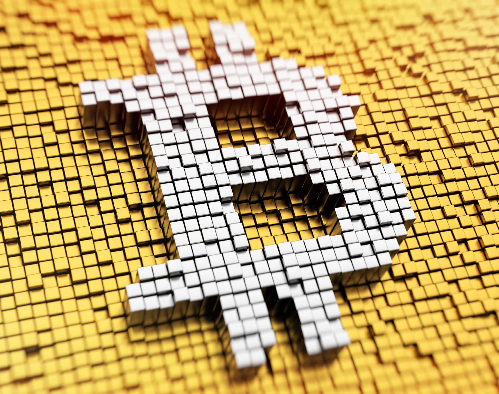 在金色立方體背景上由立方體形成的銀色比特幣符號。