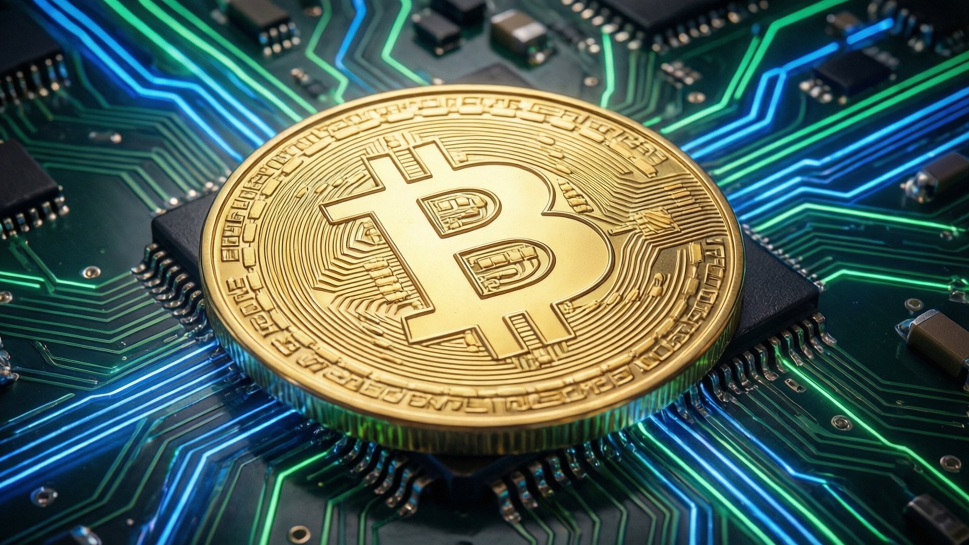 一枚金色比特幣硬幣位於發光的電路板上。