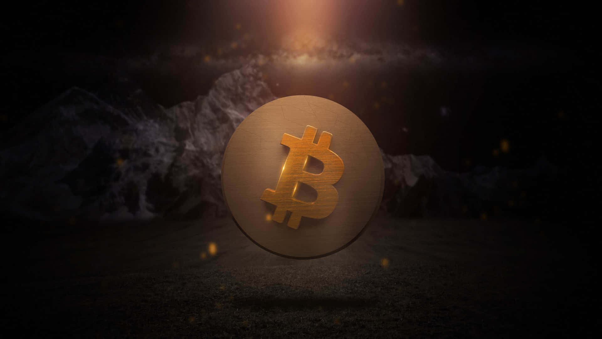 金色比特幣硬幣在夜間漂浮在山脈上方，發出光芒。