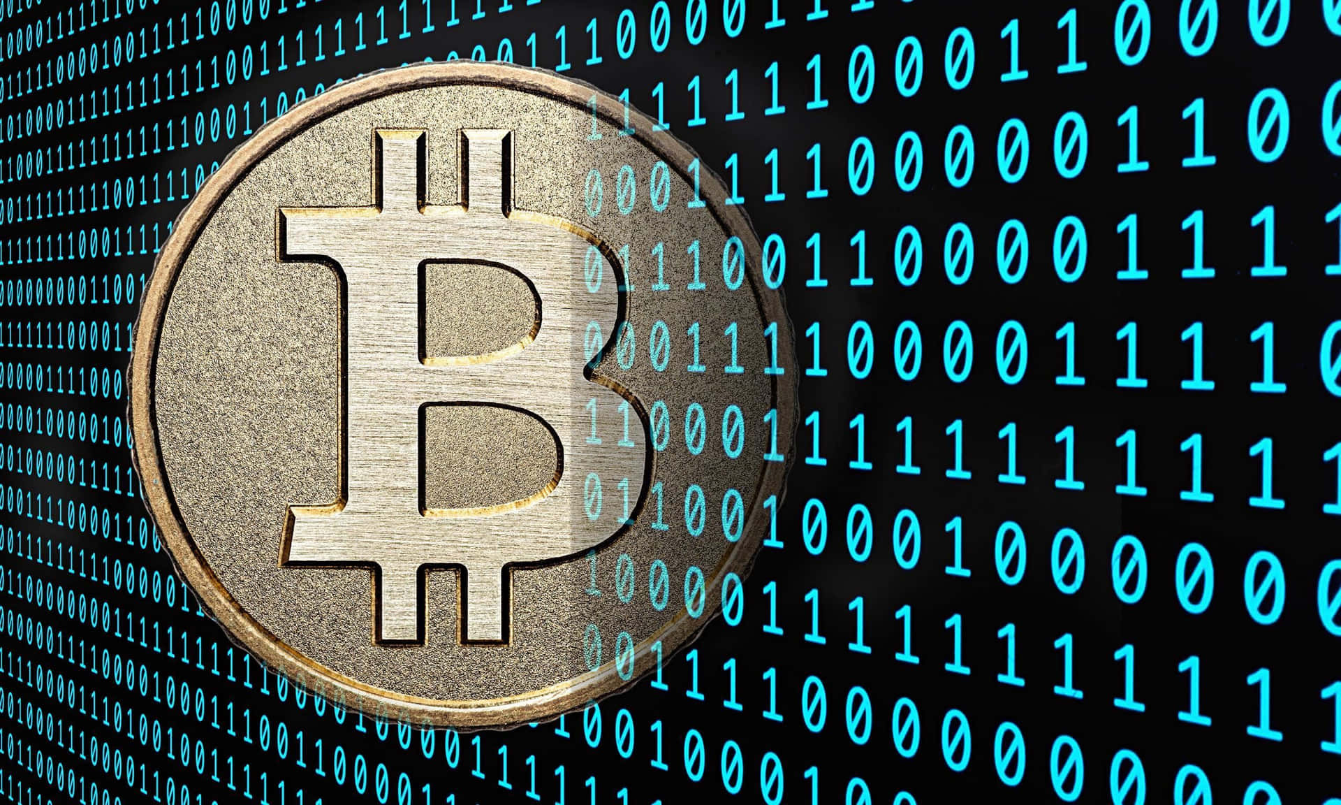 金色比特幣被流動的藍色二進制數字包圍。
