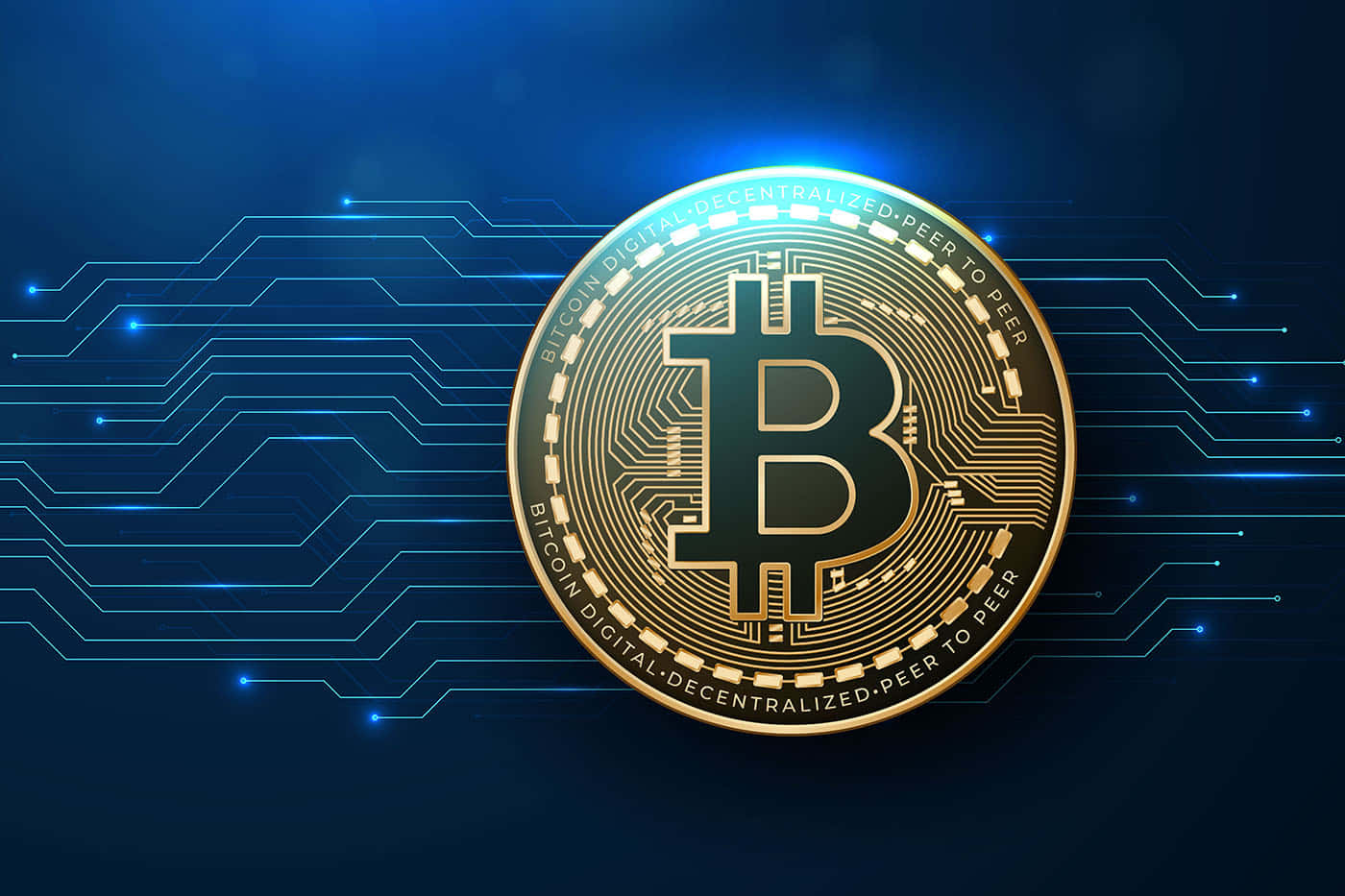 發光嘅金色比特幣硬幣，帶有電路設計，喺藍色數碼背景上。