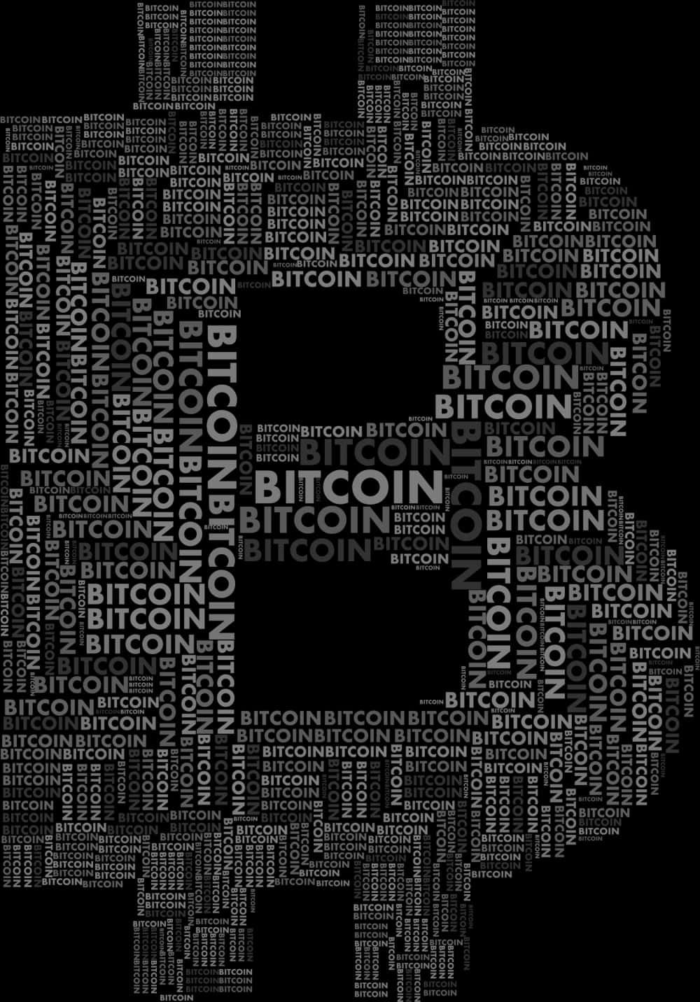 比特幣文字雲藝術 壁紙 — 一個大膽的「bitcoin」字雲，大小和灰色深淺各異，在黑色背景上形成一個風格化的人形輪廓。