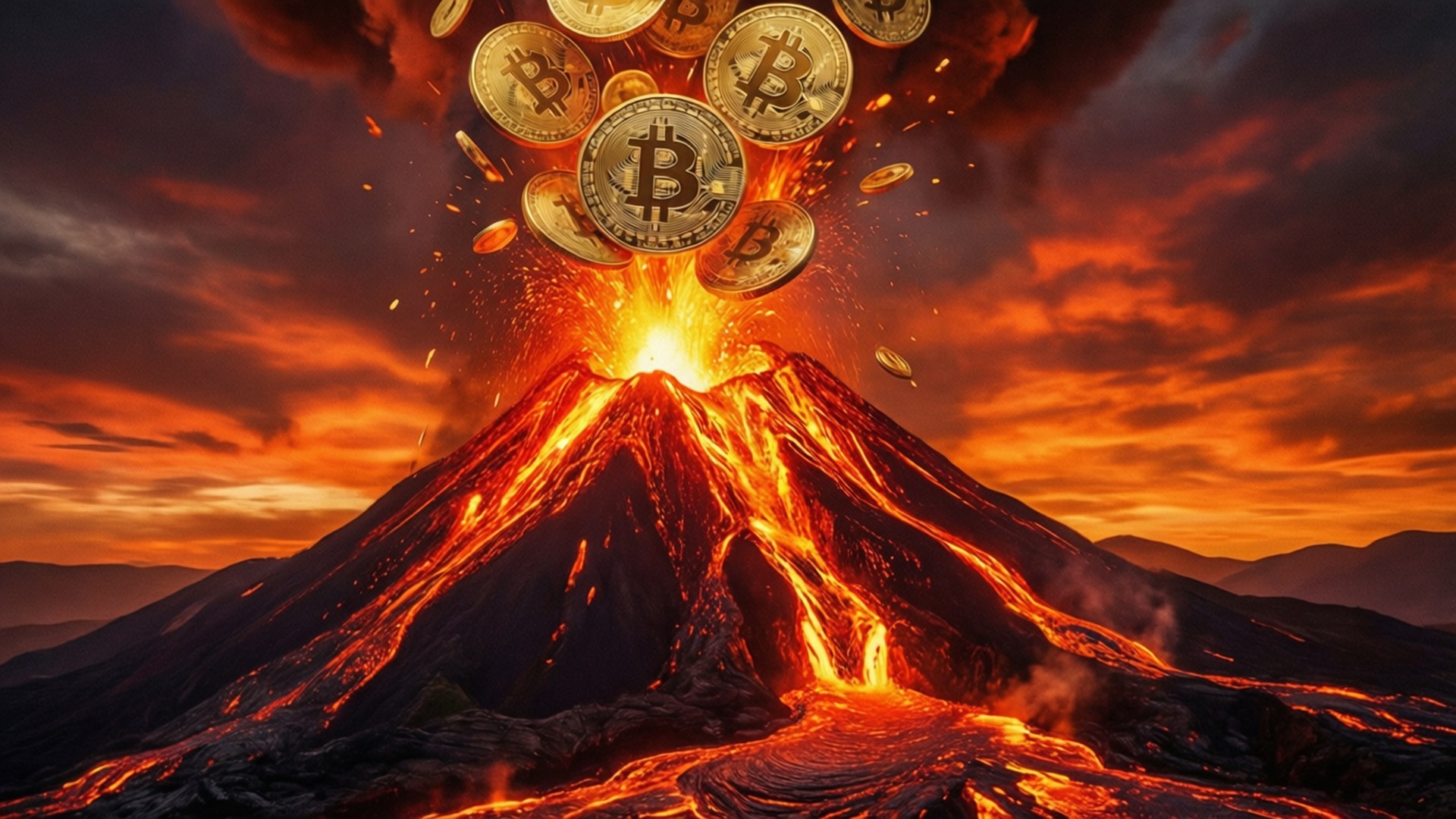 火山爆發噴出金色比特幣硬幣。