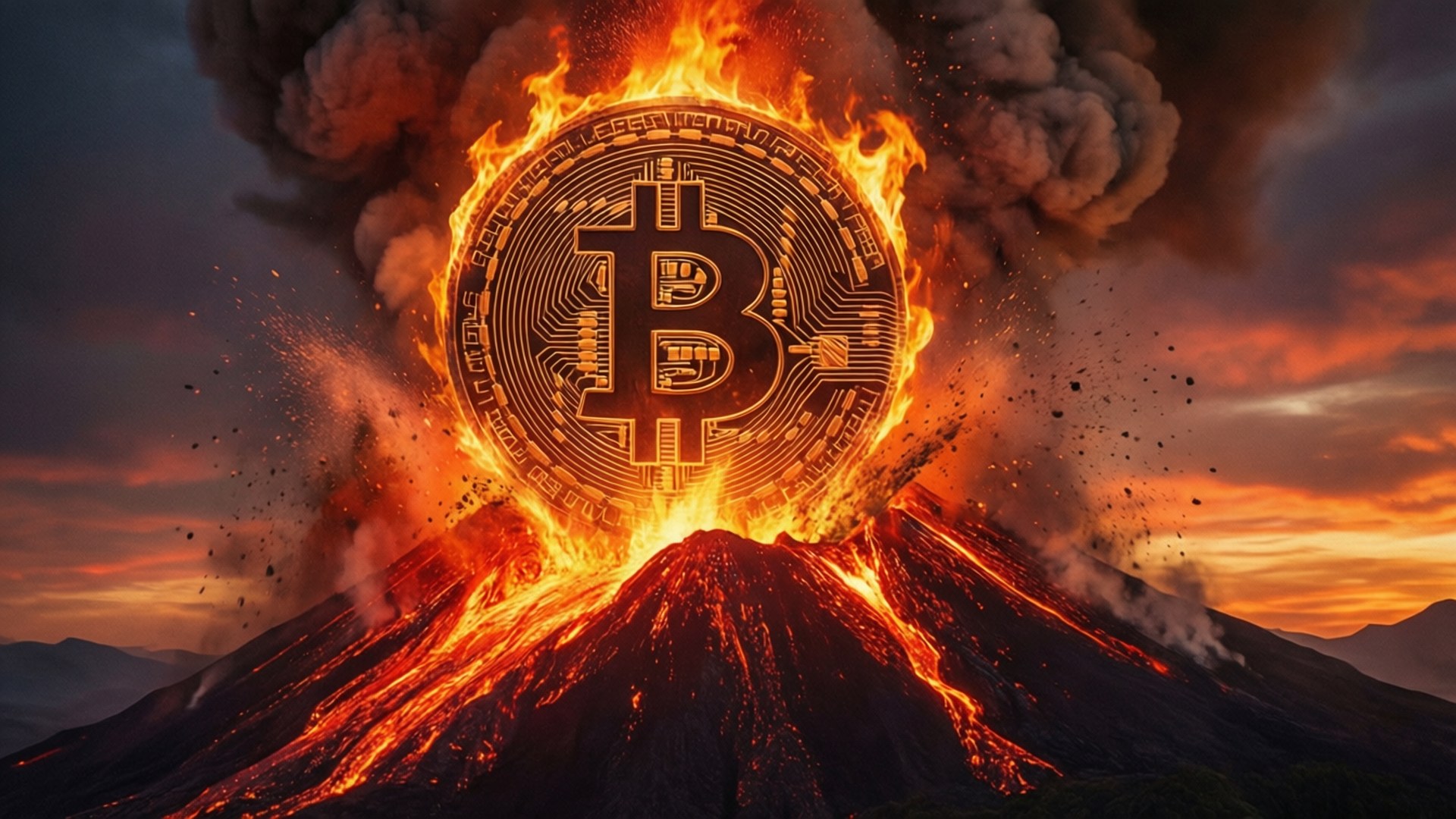 比特幣火山爆發崛起 壁紙 — 一枚熾熱的比特幣硬幣從火山中噴發，背景是戲劇性的日落天空和滾滾濃煙。