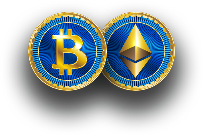 比特幣與以太坊幣 壁紙 — 兩枚閃閃發光的金色加密貨幣硬幣比特幣和以太幣並排放在黑色背景上。