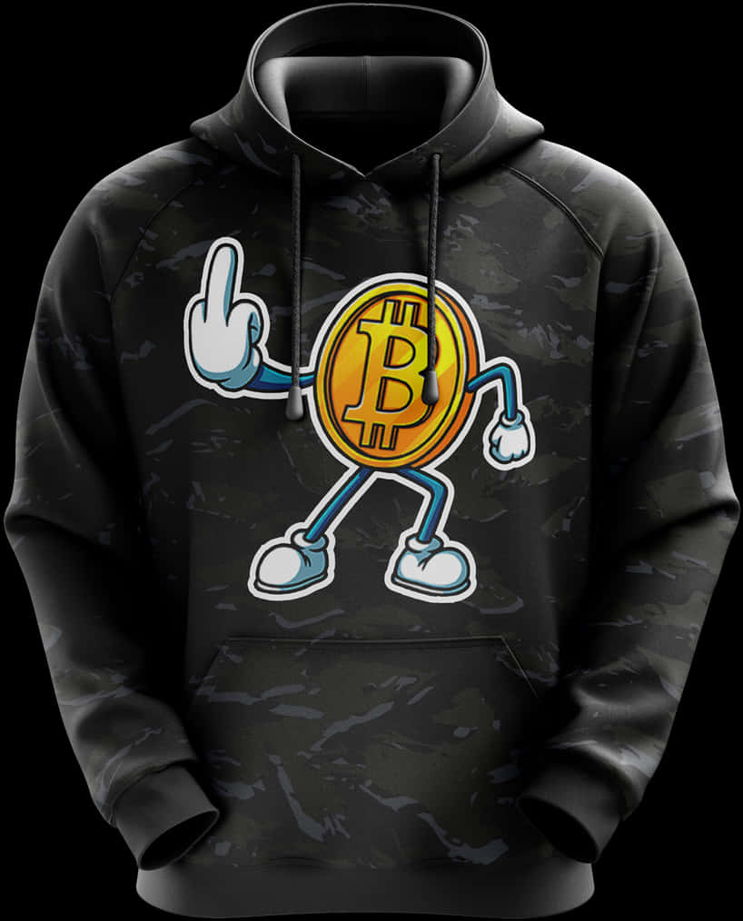 比特幣角色黑色連帽衫設計 壁紙 — 一件黑色連帽衛衣，上面有卡通比特幣角色在深色背景上豎中指。