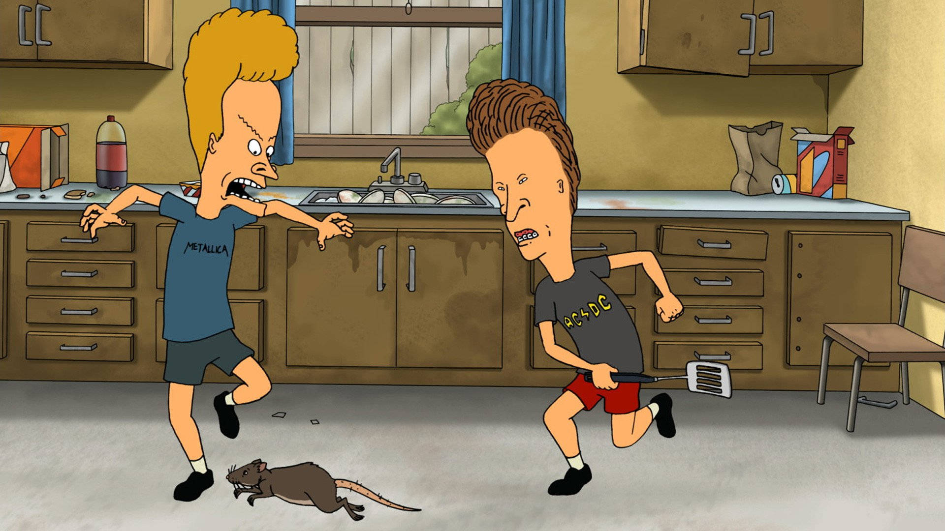 Beavis 和 Butthead 在凌亂的廚房裡追趕一隻老鼠。