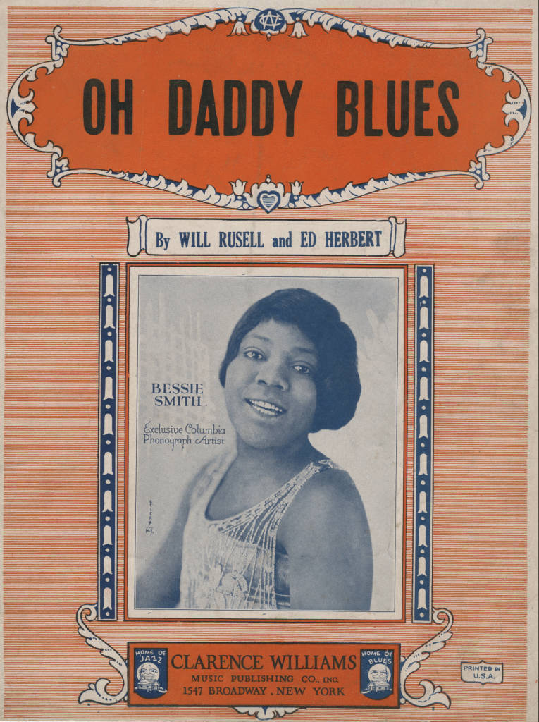 比茜·史密斯《Oh Daddy Blues》 壁紙 — 1920年代復古樂譜封面《Oh Daddy Blues》，以貝西·史密斯的懷舊棕色調肖像為特色，飾以華麗的裝飾藝術邊框。
