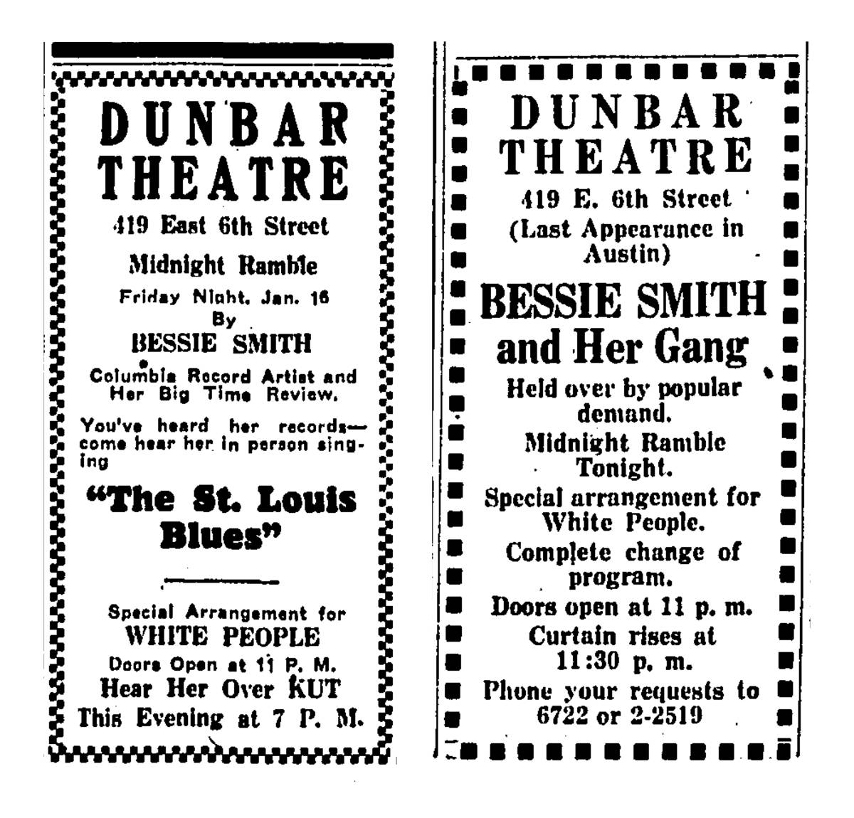 比茜·史密斯達納劇院海報 壁紙 — Dunbar Theatre 的 Bessie Smith 音樂會復古黑白報紙廣告，採用粗體字型和虛線邊框。
