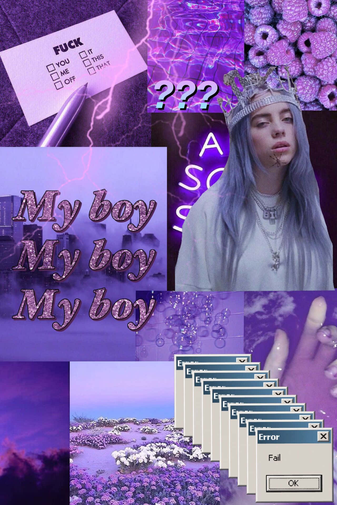 帶有 Billie Eilish、錯誤訊息和花卉圖案的紫色數位拼貼畫。