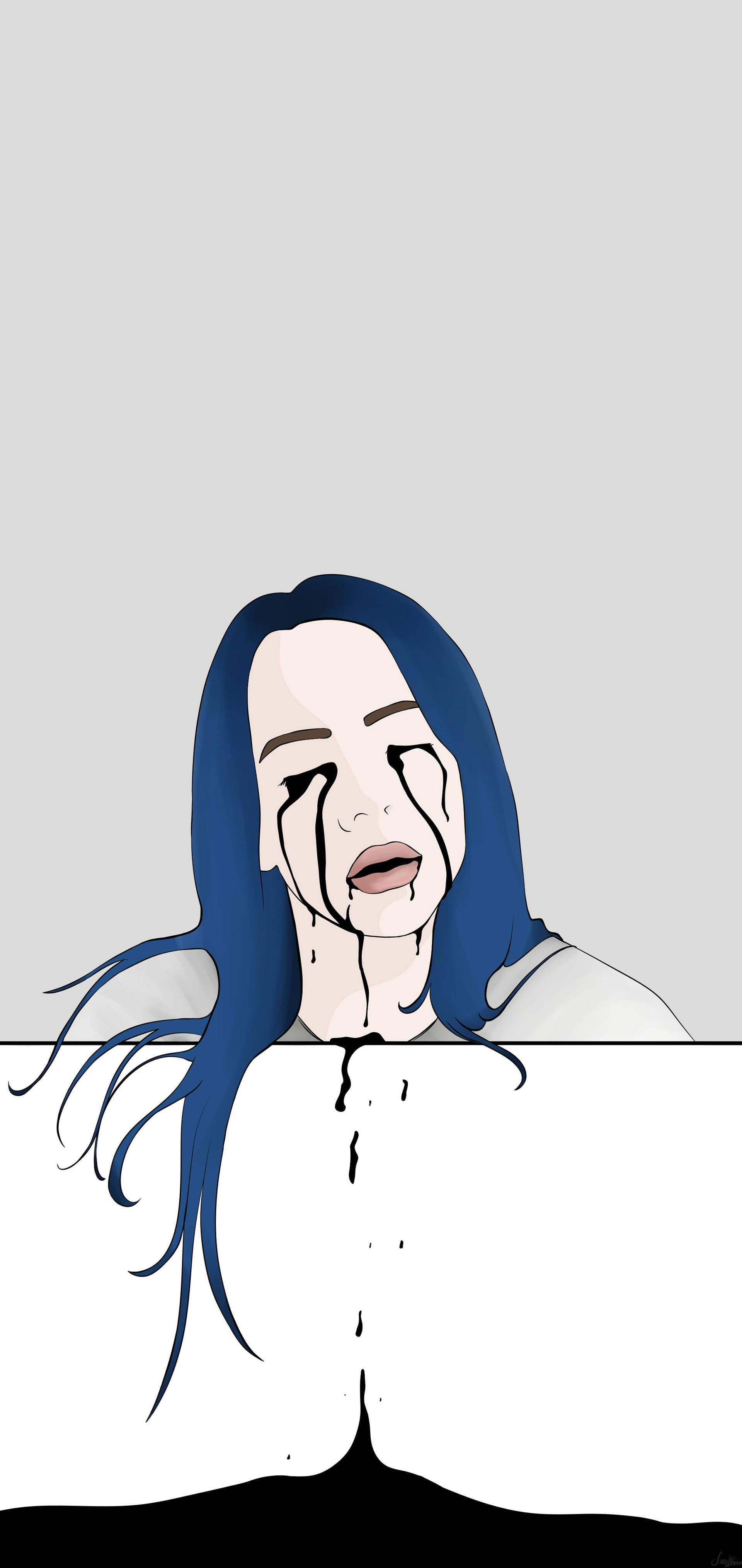 比莉·艾利什傷感畫作 壁紙 — 一個風格化的插圖，描繪一個藍色頭髮的人在灰色背景的白色表面上流下黑色眼淚。