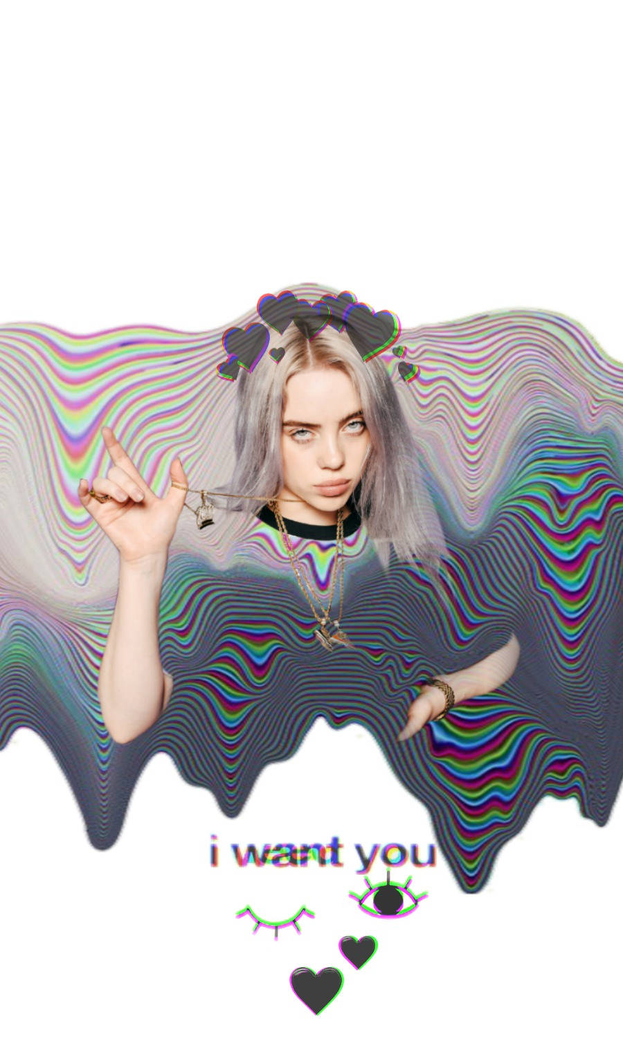Billie Eilish 銀色頭髮和黑色心形飾品，背景為迷幻彩虹波浪。