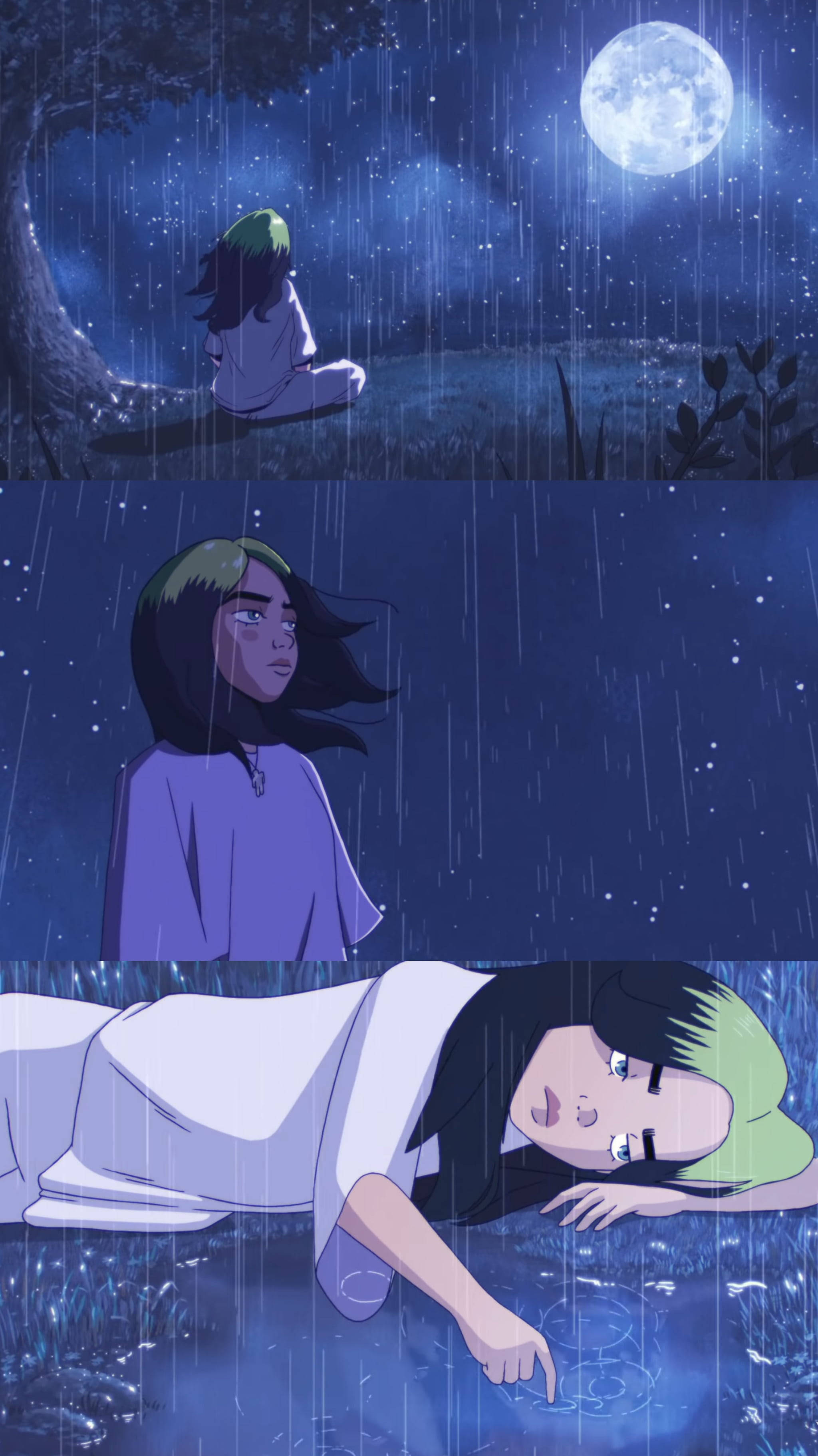 比莉·艾利什動漫少女風格漫畫 壁紙 — 一個孤獨的動漫女孩，綠色頭髮，在滿月下深藍色的夜晚場景中，先坐著然後躺在雨中。