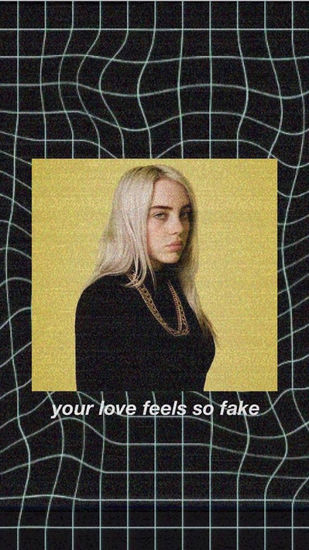 比莉·艾利什波浪黑底歌詞美學壁紙 壁紙 — Billie Eilish 的肖像鑲在金框內，背景為黑色網格，帶有扭曲線條和文字疊加。