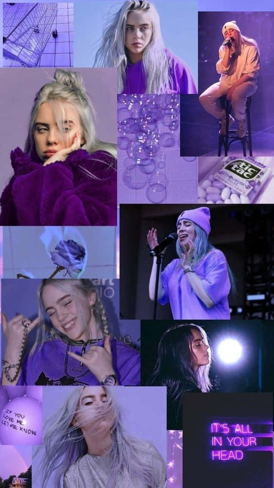 Billie Eilish 拼貼畫，紫色調、泡泡和霓虹文字。