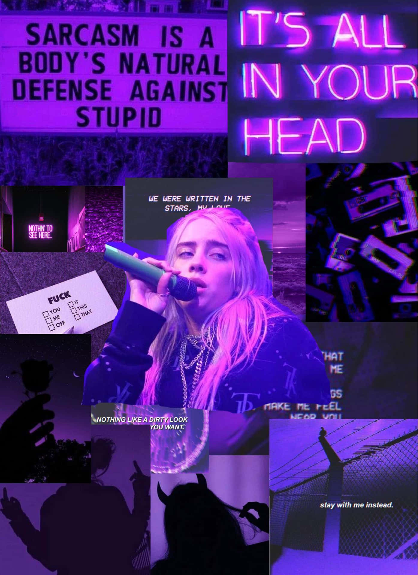 紫色調拼貼畫，Billie Eilish 唱歌，配有霓虹燈牌和文字語錄。