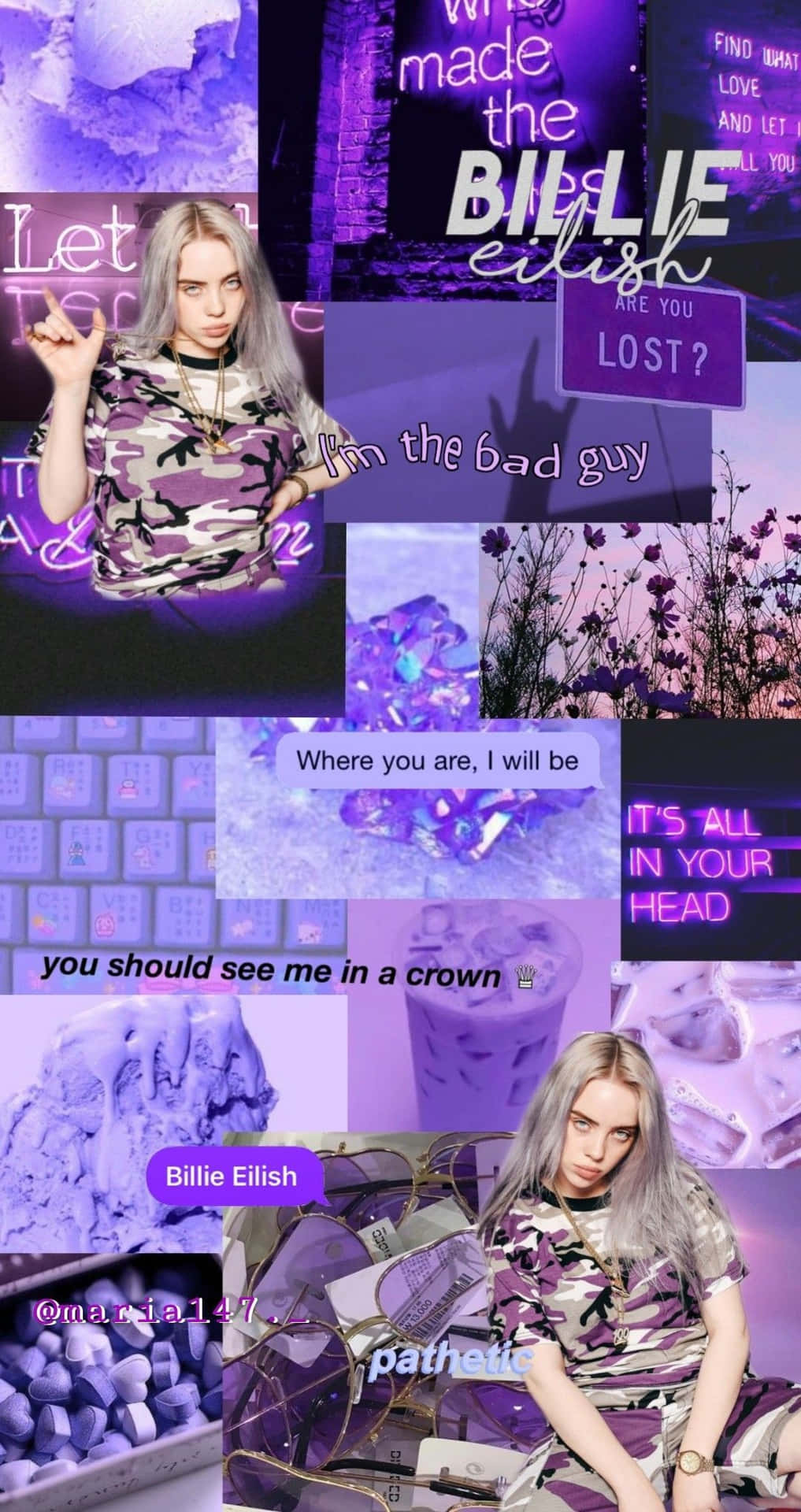 Billie Eilish 拼貼畫，帶有紫色霓虹文字和抽象視覺效果。
