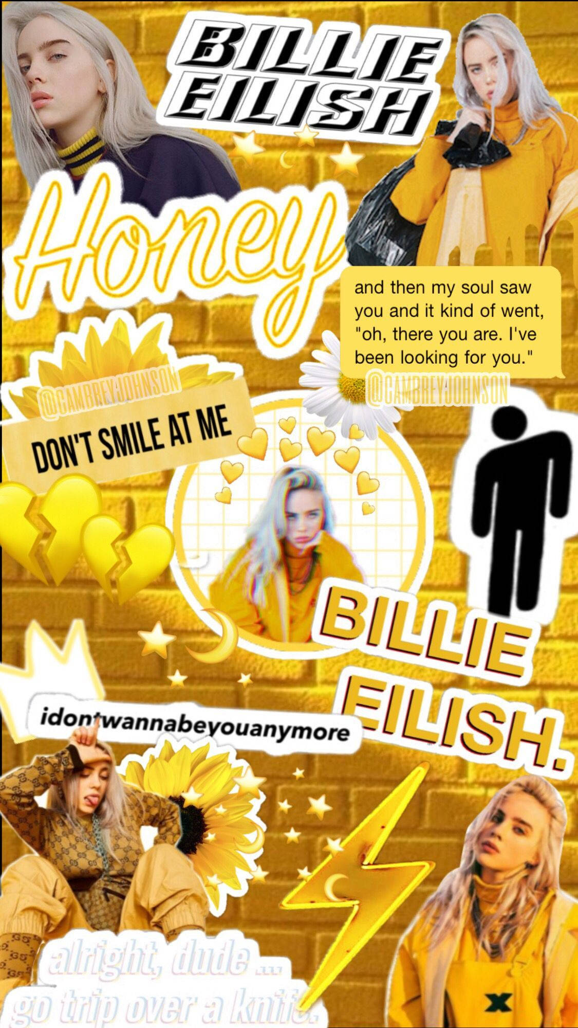 比莉·艾利什黃色流行美學拼貼 壁紙 — 以磚牆為背景，以 Billie Eilish 為主角的鮮豔黃色主題拼貼畫，包含文字引言和向日葵圖案。