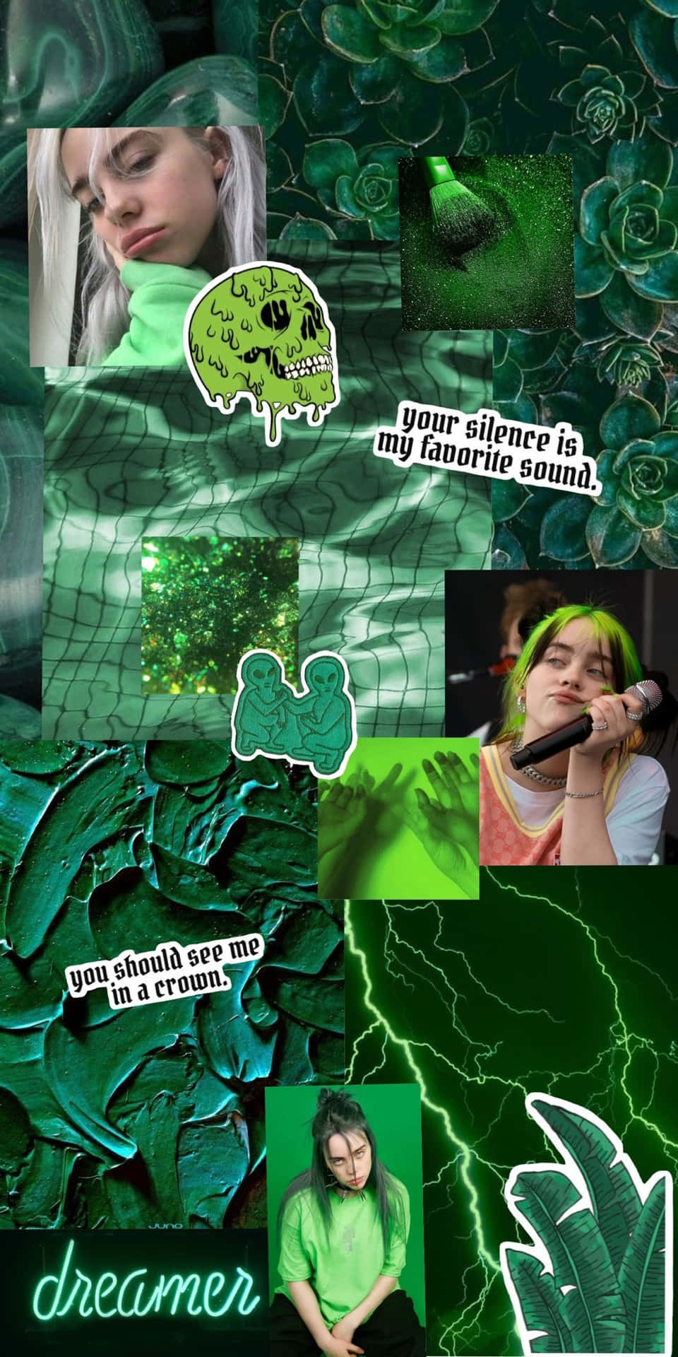 Billie Eilish 拼貼畫，帶有綠色多肉植物和閃電效果。