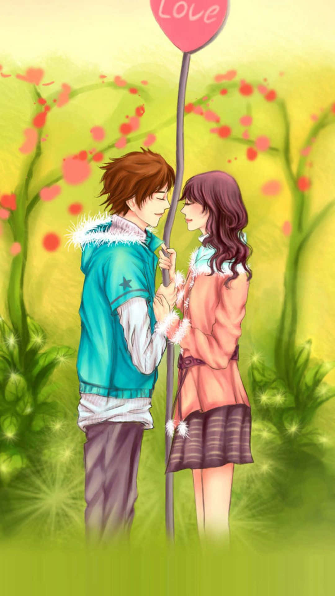 比蜜還甜 壁紙 — 一對年輕情侶在充滿活力的花田中，於發光的「Love」氣球下分享溫馨時刻。