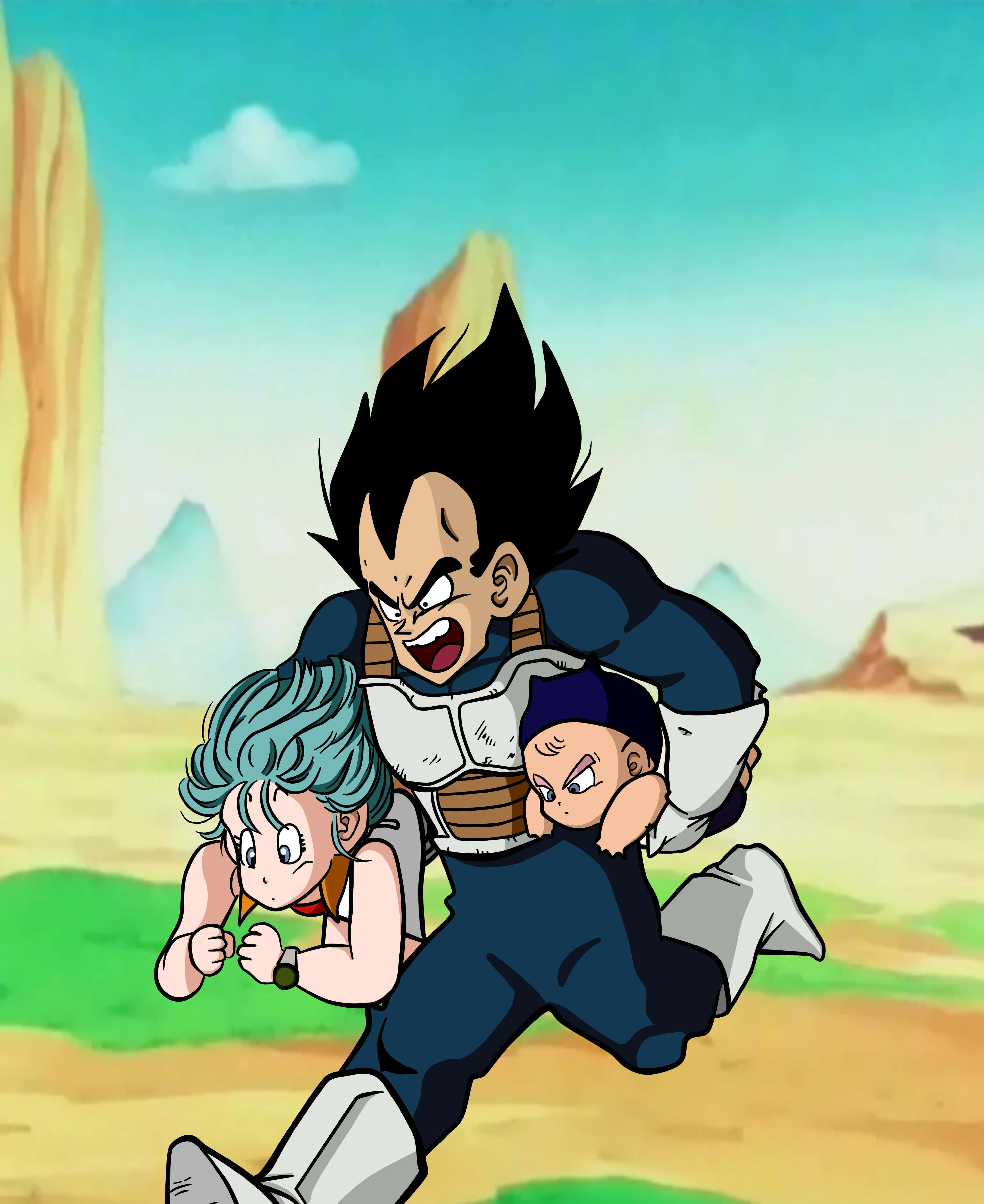 Vegeta's Family 桌布 壁紙 — 比達喺一個有岩石形成同晴朗天空嘅沙漠景觀中抱住布瑪同一個BB。