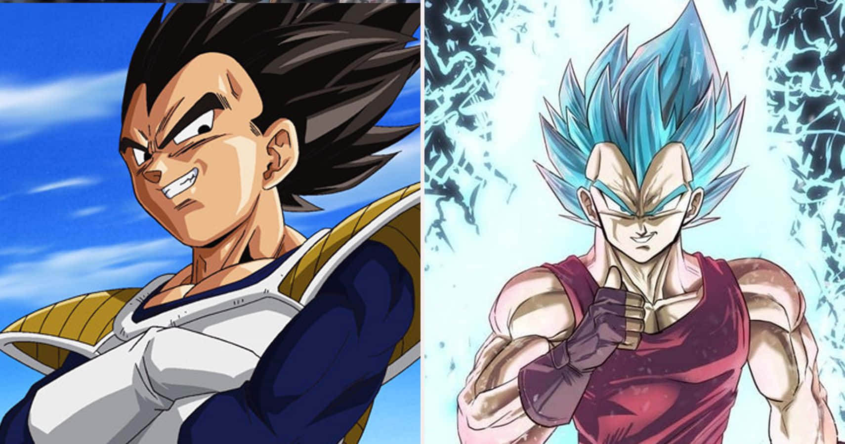 Vegeta And Frieza 桌布 壁紙 — 比達基本形態和超級賽亞人藍的動畫肖像並排顯示，帶有發光的藍色頭髮和能量光環。