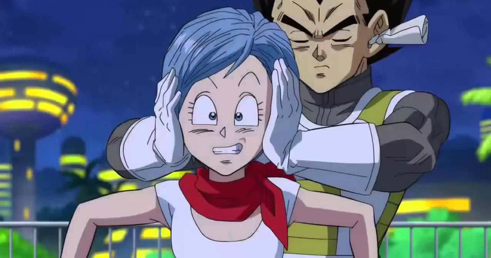 Vegeta's Family 桌布 壁紙 — 比達從後擁抱布馬，她望著夜間閃爍的未來城市天際線，顯得驚訝。