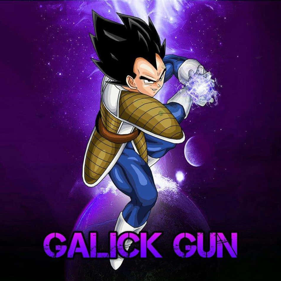 Vegeta's Galick Gun 桌布 壁紙 — 比達身穿撒亞人盔甲，在宇宙紫色星空背景下釋放出發光的能量爆炸。