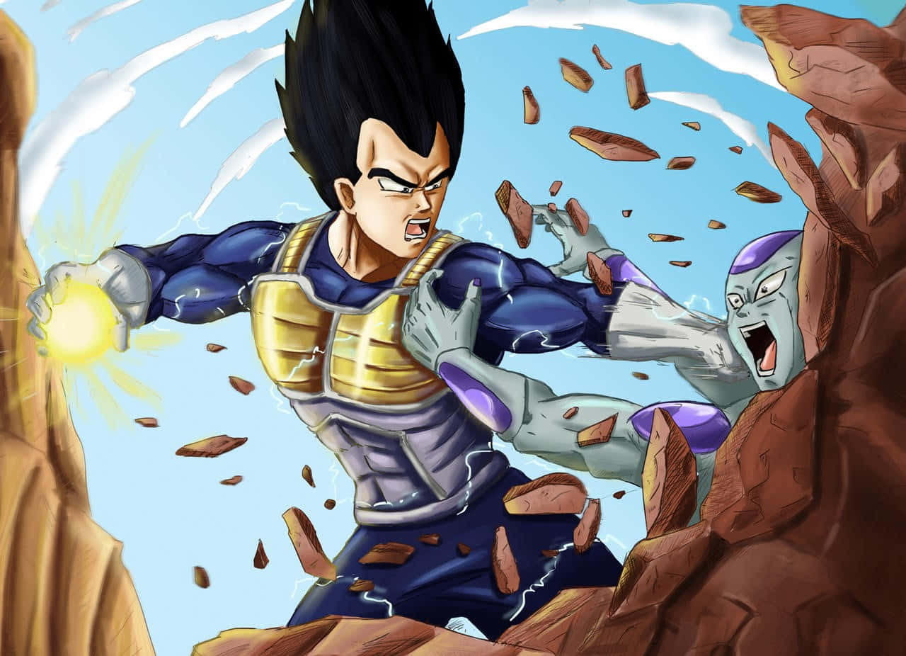 Vegeta And Frieza 桌布 壁紙 — 比達身穿藍金色盔甲，在飛石和破碎地形中向菲利發射發光的能量爆炸。