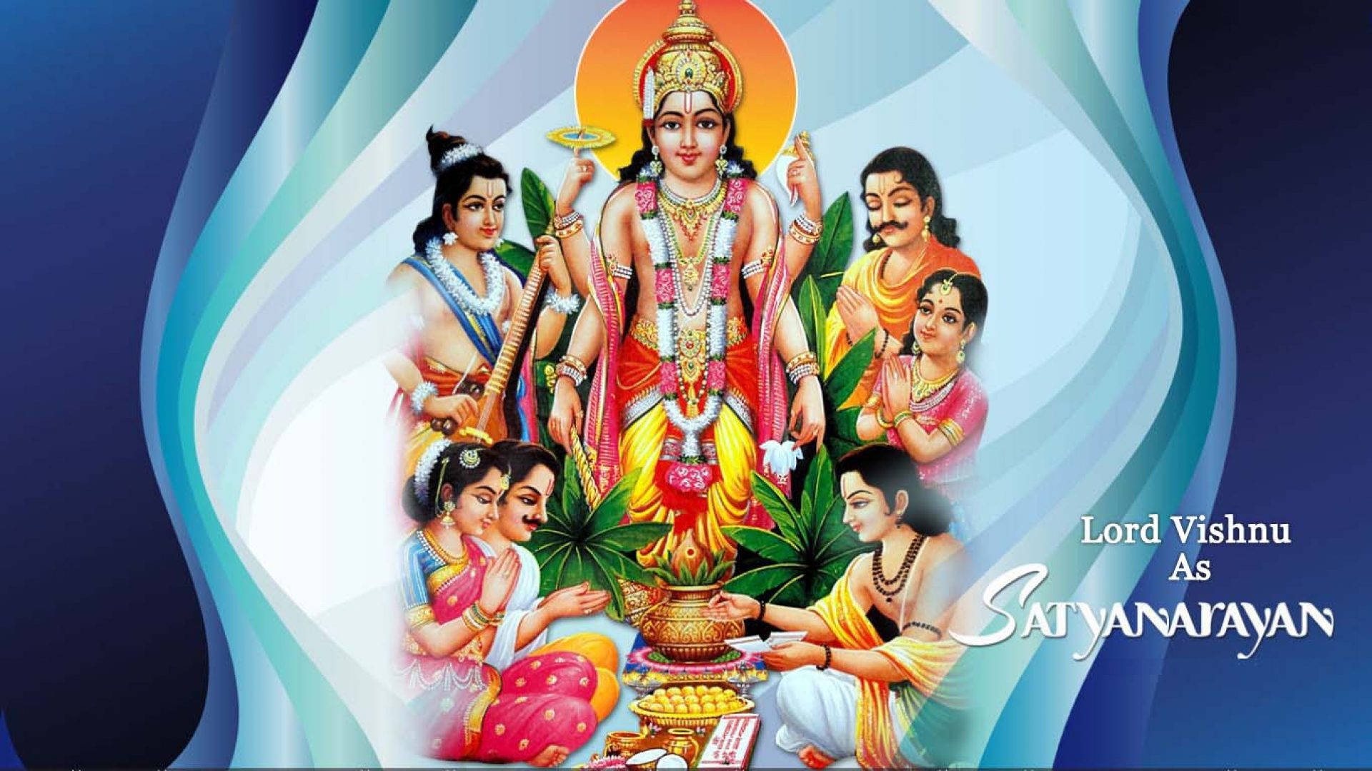 Vishnu 桌布 壁紙 — 毗濕奴神作為薩提亞納拉揚，佩戴金色珠寶和鮮豔長袍，被信徒環繞在光芒四射的神聖場景中。