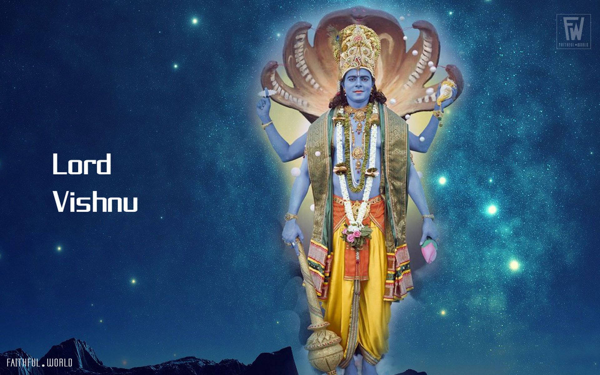 Vishnu 桌布 壁紙 — 毗濕奴神在繁星點點的宇宙背景下，以多臂形態和華麗的金冠莊嚴站立。