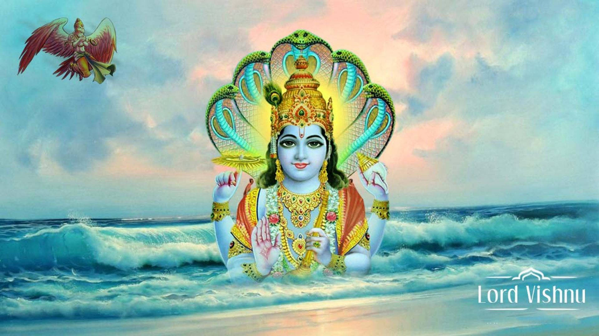 Hindu God 桌布 壁紙 — 毗濕奴神從海浪中浮現，頭戴神聖孔雀冠，身披金色飾物，在粉彩天空下。