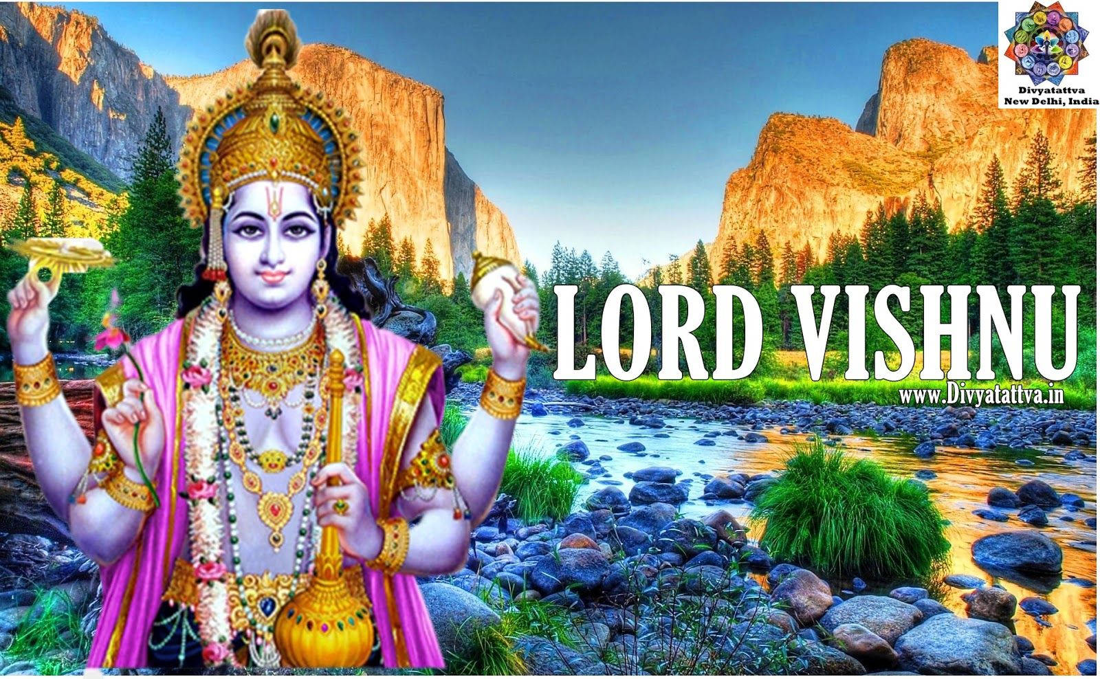 Vishnu 桌布 壁紙 — 毗濕奴神穿著華麗的金色服飾，在岩石河流旁的山林景觀中寧靜地站立。