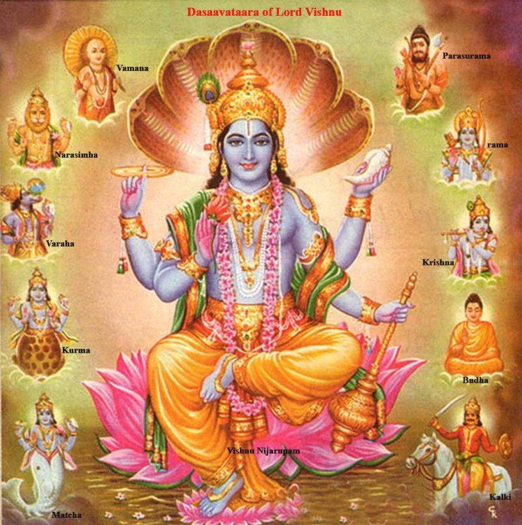 Vishnu 桌布 壁紙 — 毗濕奴神莊嚴地坐在粉紅色蓮花上，被他的十個化身環繞，散發光芒的神聖插圖。