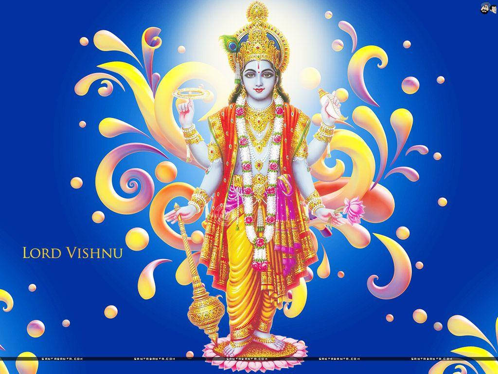 Vishnu 桌布 壁紙 — 毗濕奴神身穿金色和紅色華服，在深藍色背景上，伴隨著旋轉的黃色和粉紅色裝飾元素，光彩奪目地站立著。