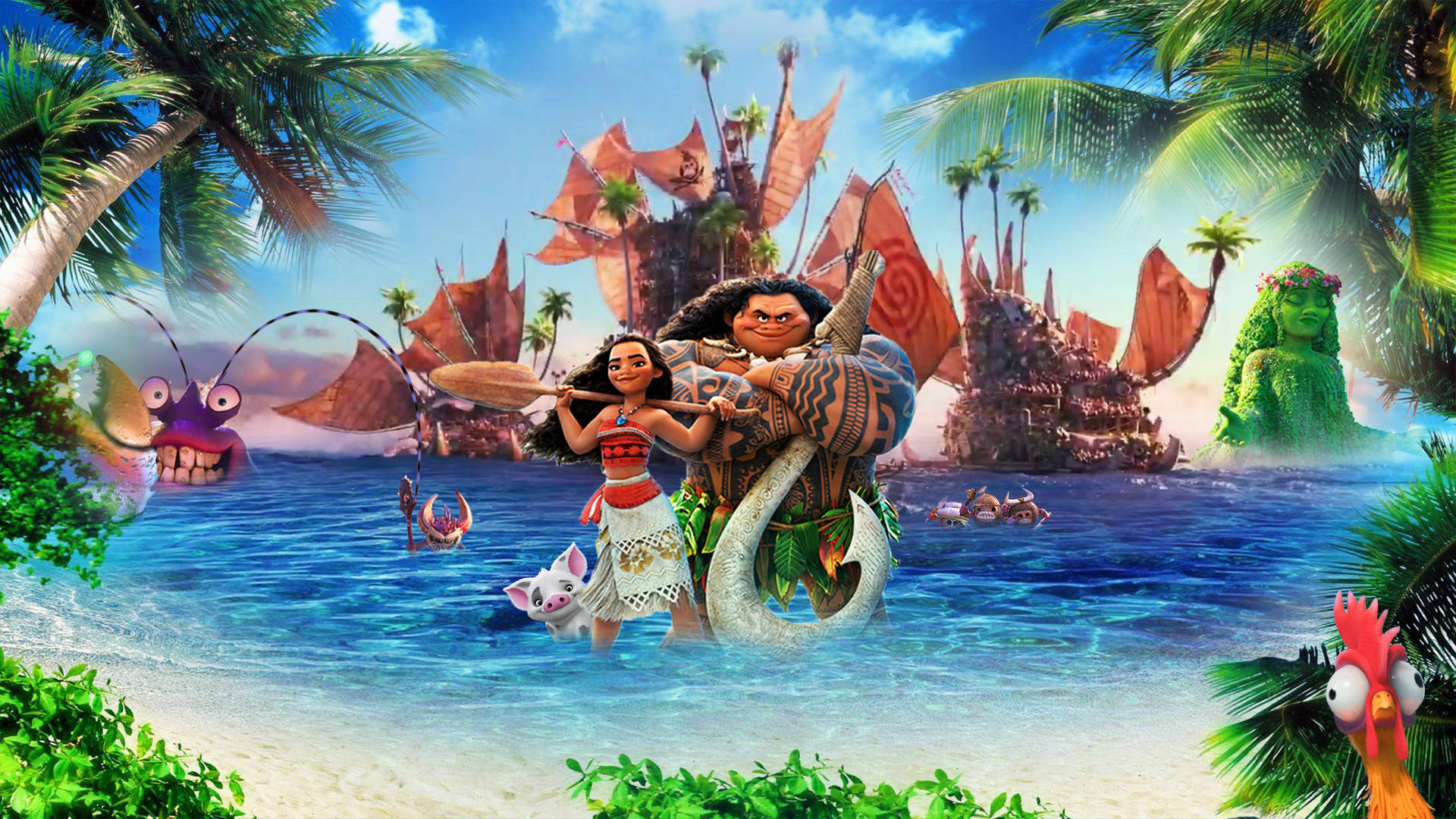Moana 和 Maui 在一個有棕櫚樹和獨木舟的熱帶海灘上。