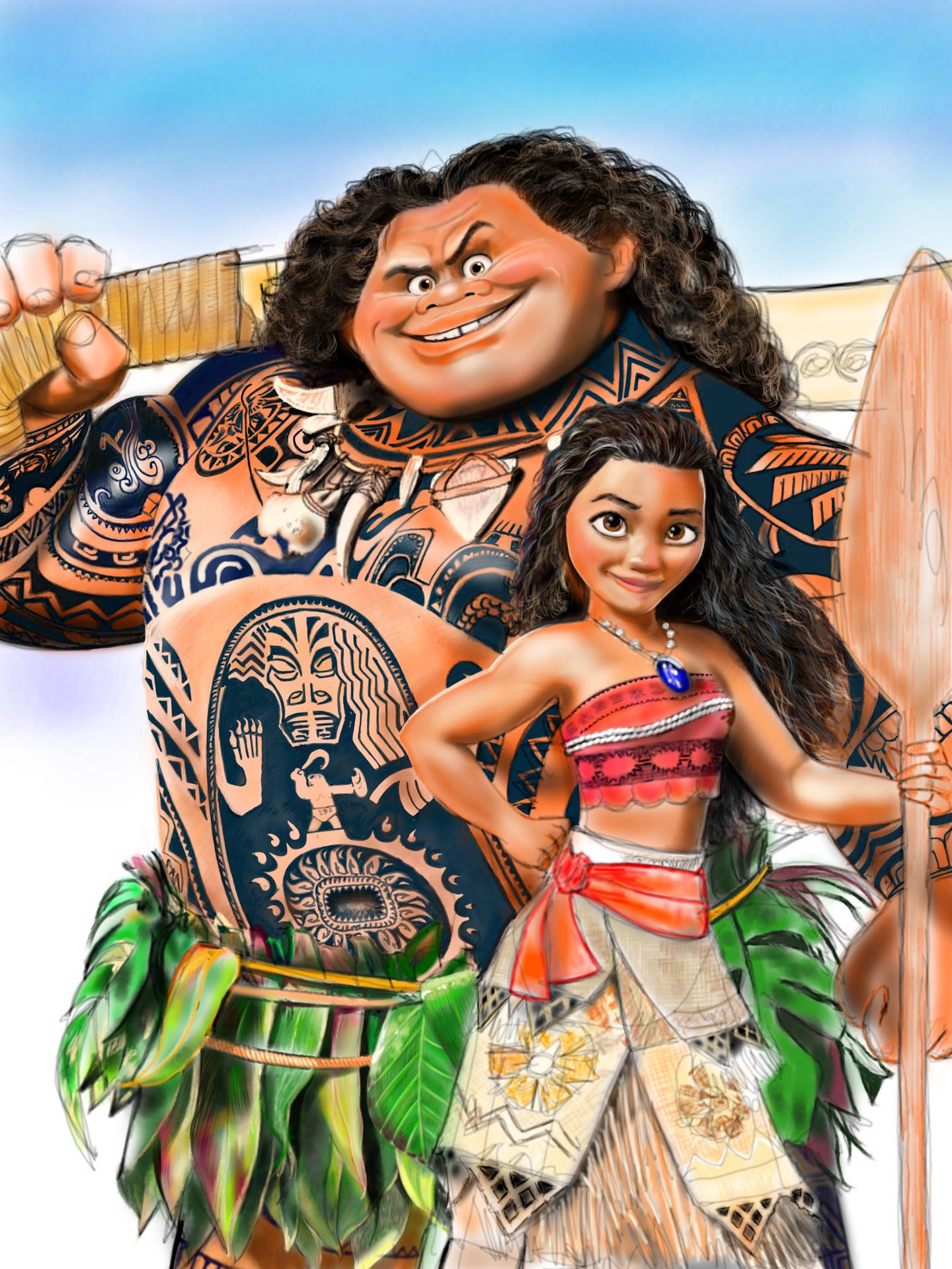 Moana 和 Maui 穿著傳統波利尼西亞服裝，帶有紋身和武器