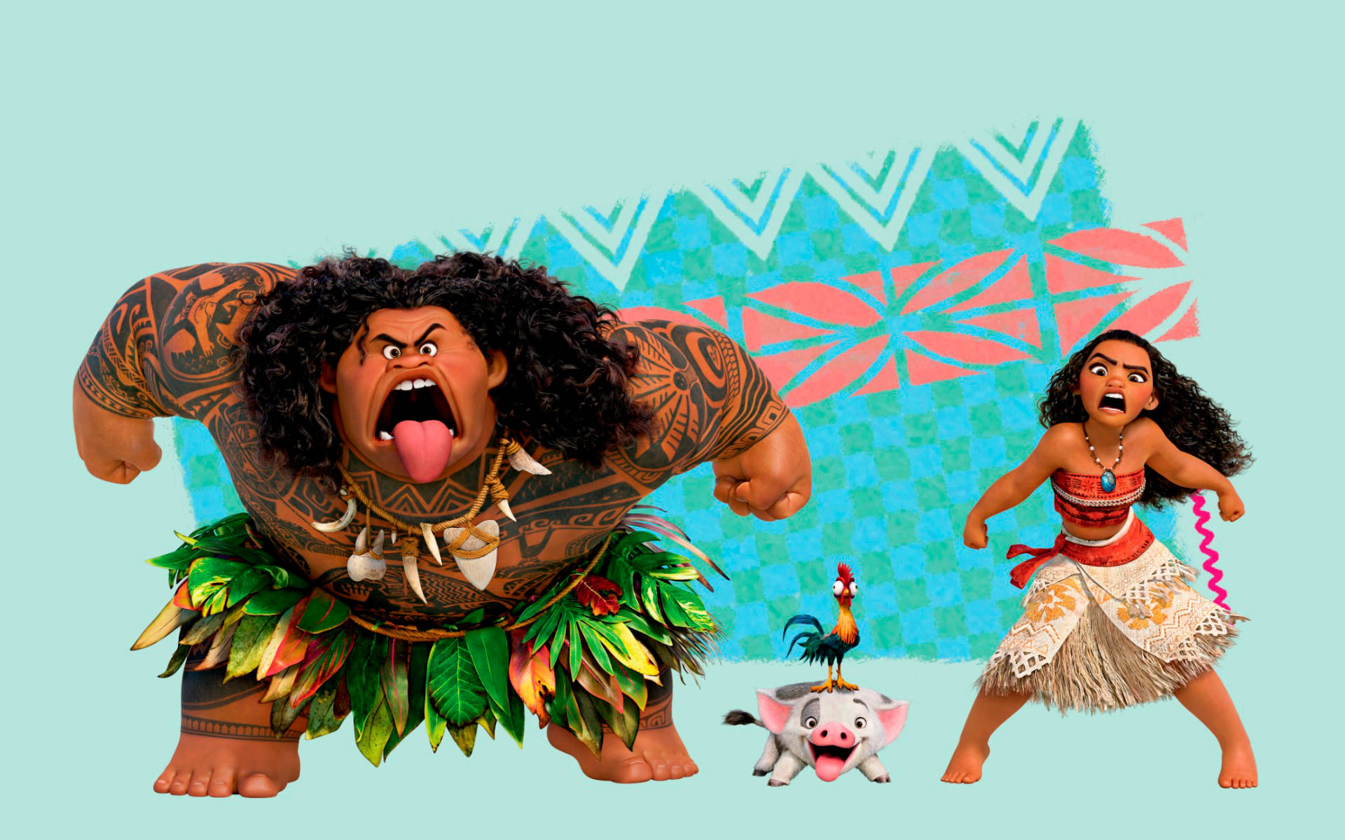 Maui、Moana 和他們的動物夥伴在色彩繽紛的動畫場景中。