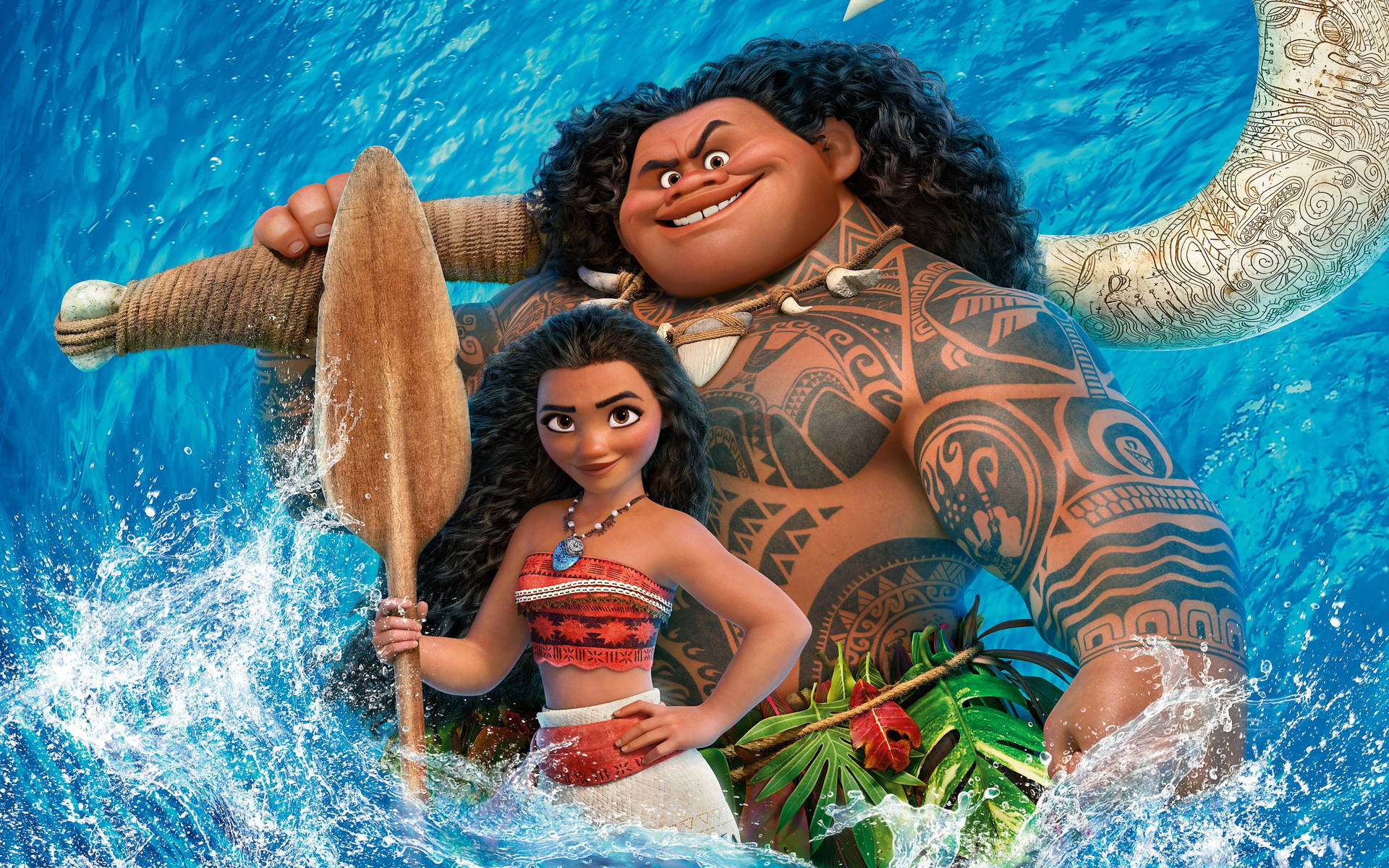 Moana 和 Maui 在海浪中划槳，身後有一條巨大的魚尾。