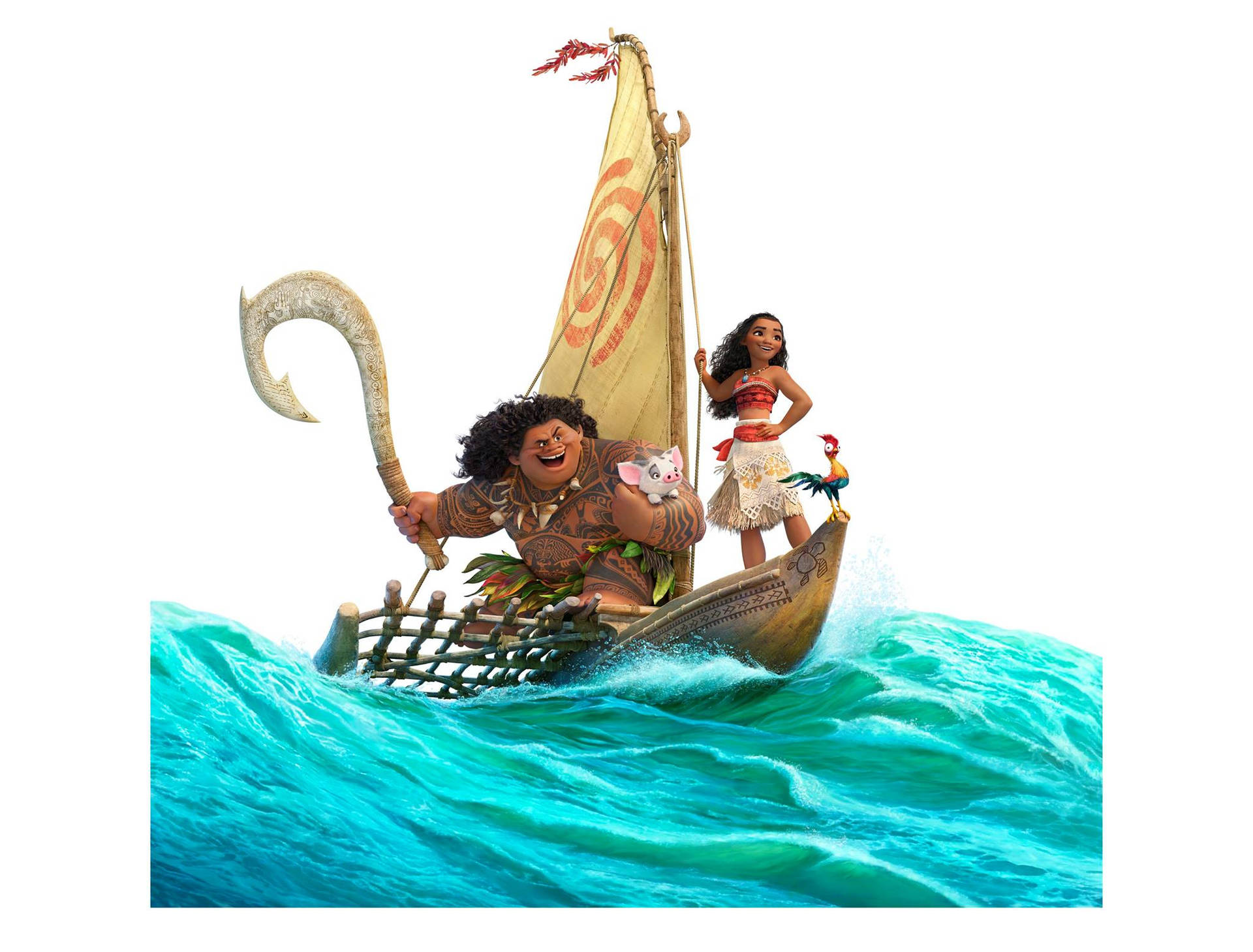 Moana 和 Maui 在藍綠色的海浪上划獨木舟，船頭有一隻公雞。