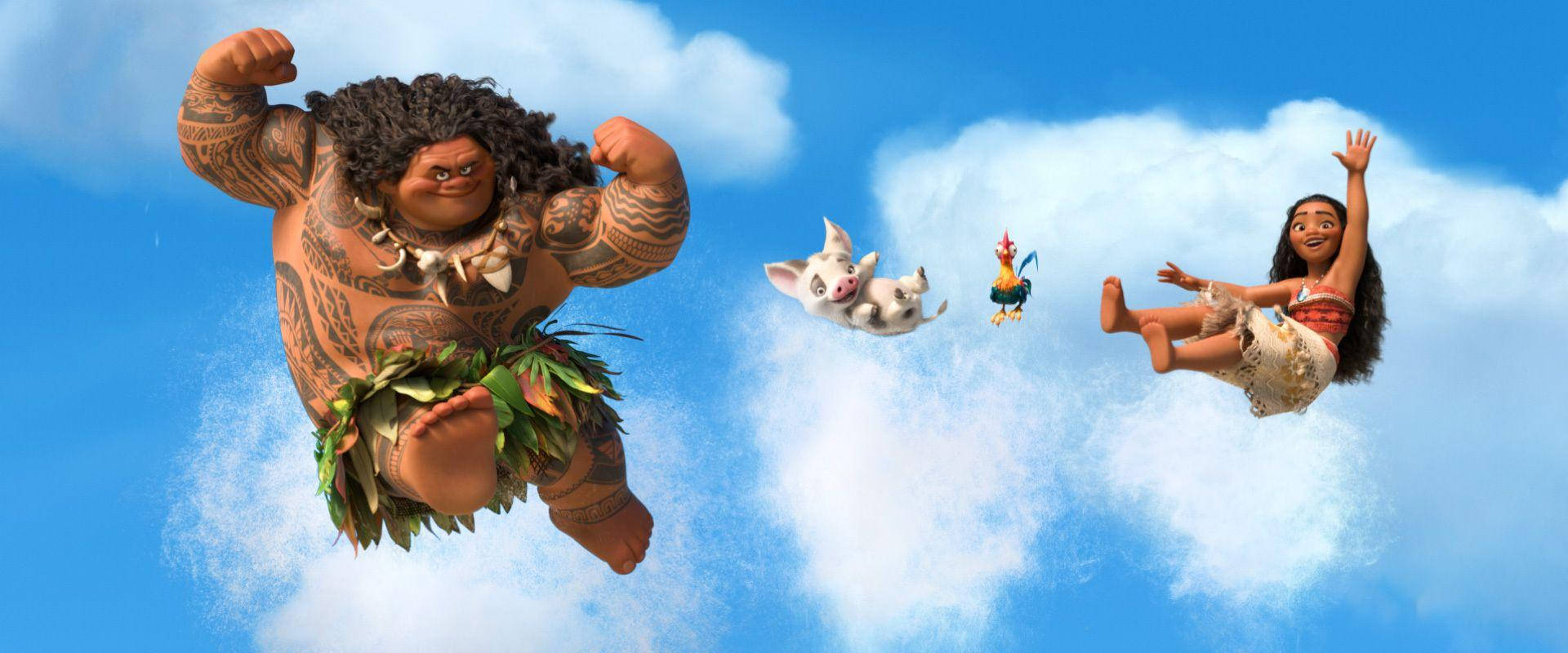 Moana 和 Maui 與 Pua 和 Hei Hei 一起在天空飛翔