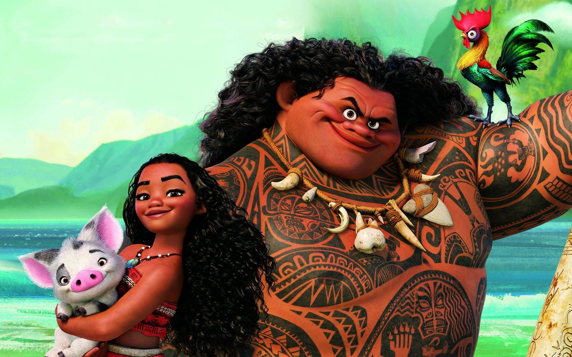Moana 和 Maui 與 Pua 和 Hei Hei 在熱帶島嶼環境中。
