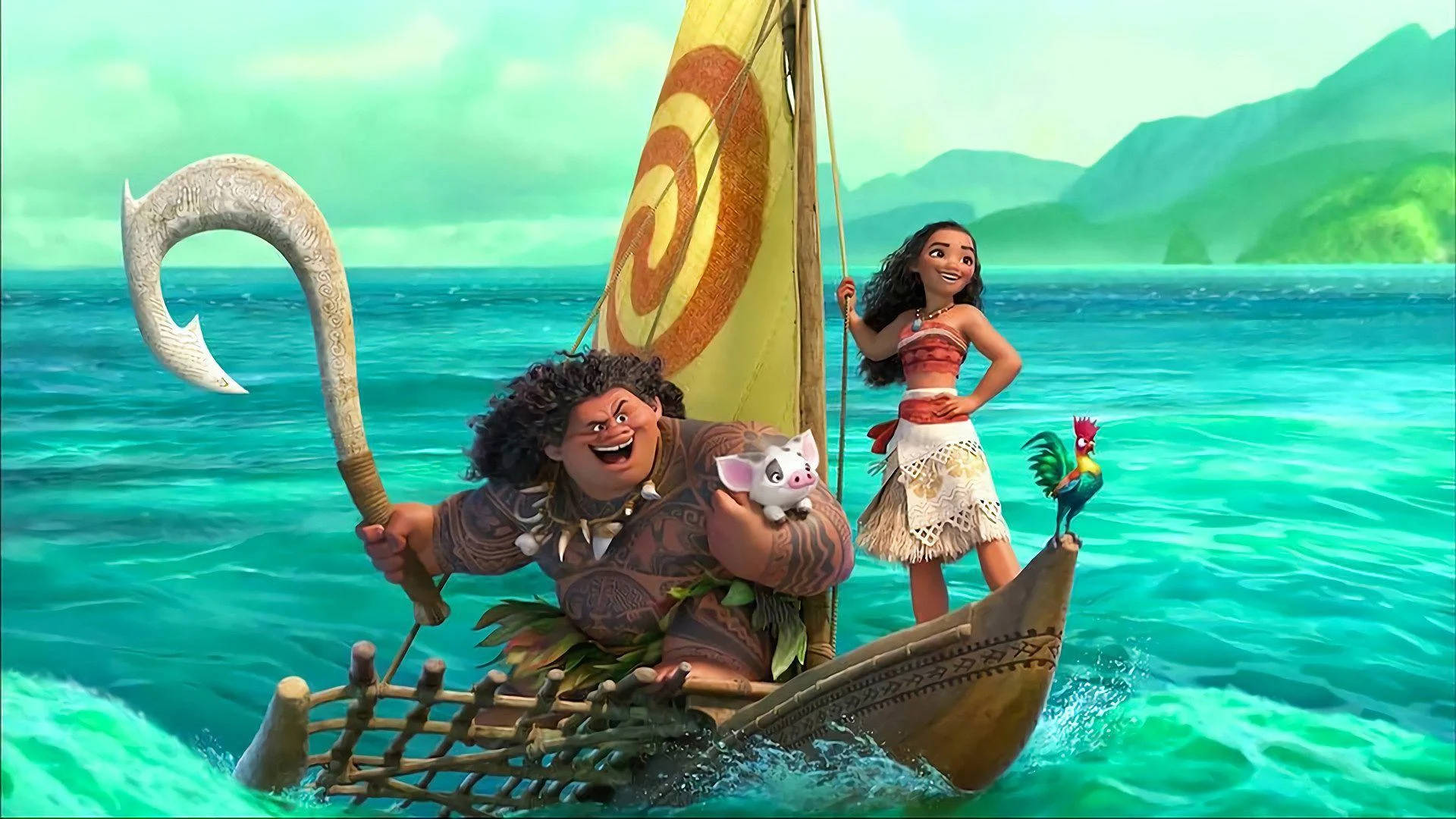 Moana 和 Maui 乘坐獨木舟航行，船上有一隻公雞和一隻豬。