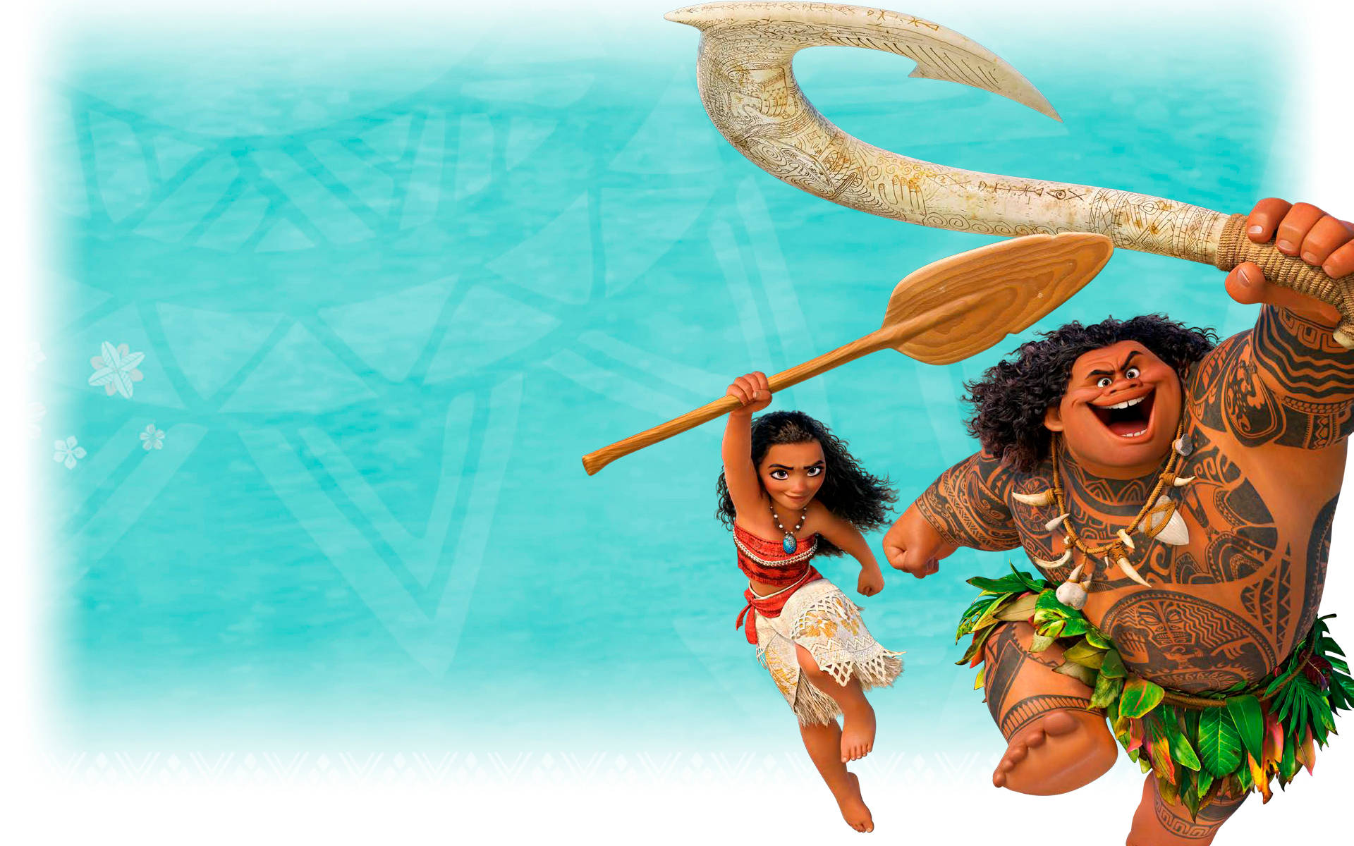 Moana 和 Maui 在碧綠海洋背景下帶著歡樂的表情跳躍。