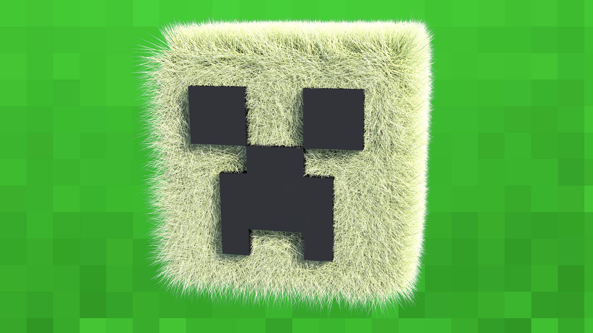 毛茸茸的苦力怕頭部 壁紙 — 來自Minecraft的像素化綠色爬行者，帶有模糊紋理，背景是充滿活力的綠色方塊背景。