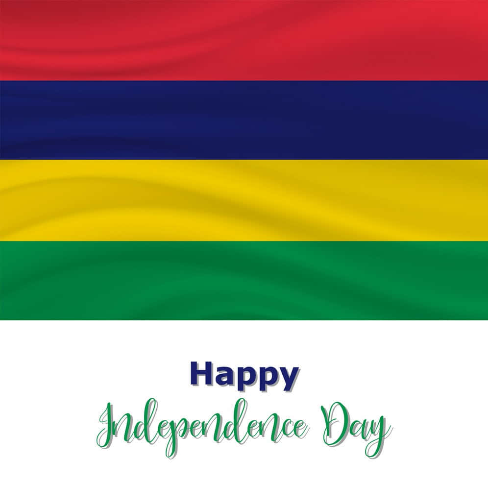 Independence 桌布 壁紙 — 毛里裘斯國旗在白色背景上自豪地飄揚，帶有紅、藍、黃、綠條紋及慶祝文字。
