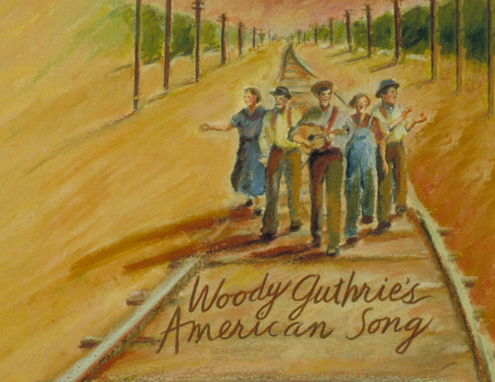 五位音樂家在鐵路軌道上行走，附有文字 Woody Guthrie's American Song — 音樂 GIF 壁紙